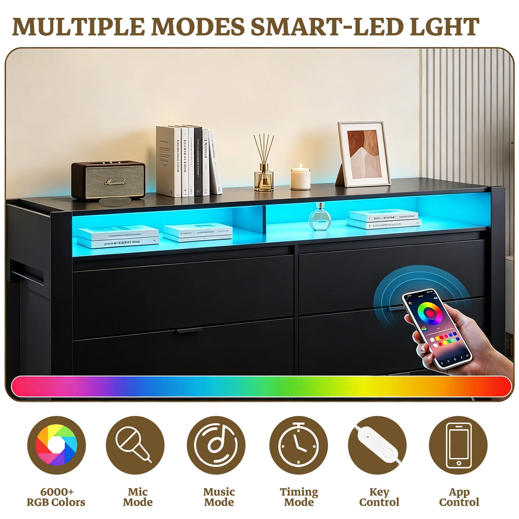 GALAXHERO 6 Drawer Dresser with LED Lights, Modern Dresser with Charging Station, Large Wood Chest of Drawers with Flexible Shelves and Hanging Rack for Bedroom, Closet, Living Room
