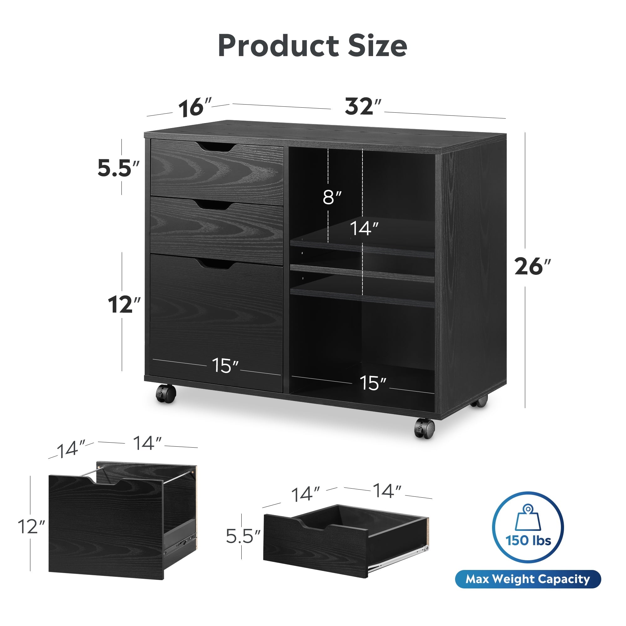 GALAXHERO File Cabinet 3-Drawer Wood Mobile Lateral Cabinet for Home Office with Printer Stand and Open Storage Shelves