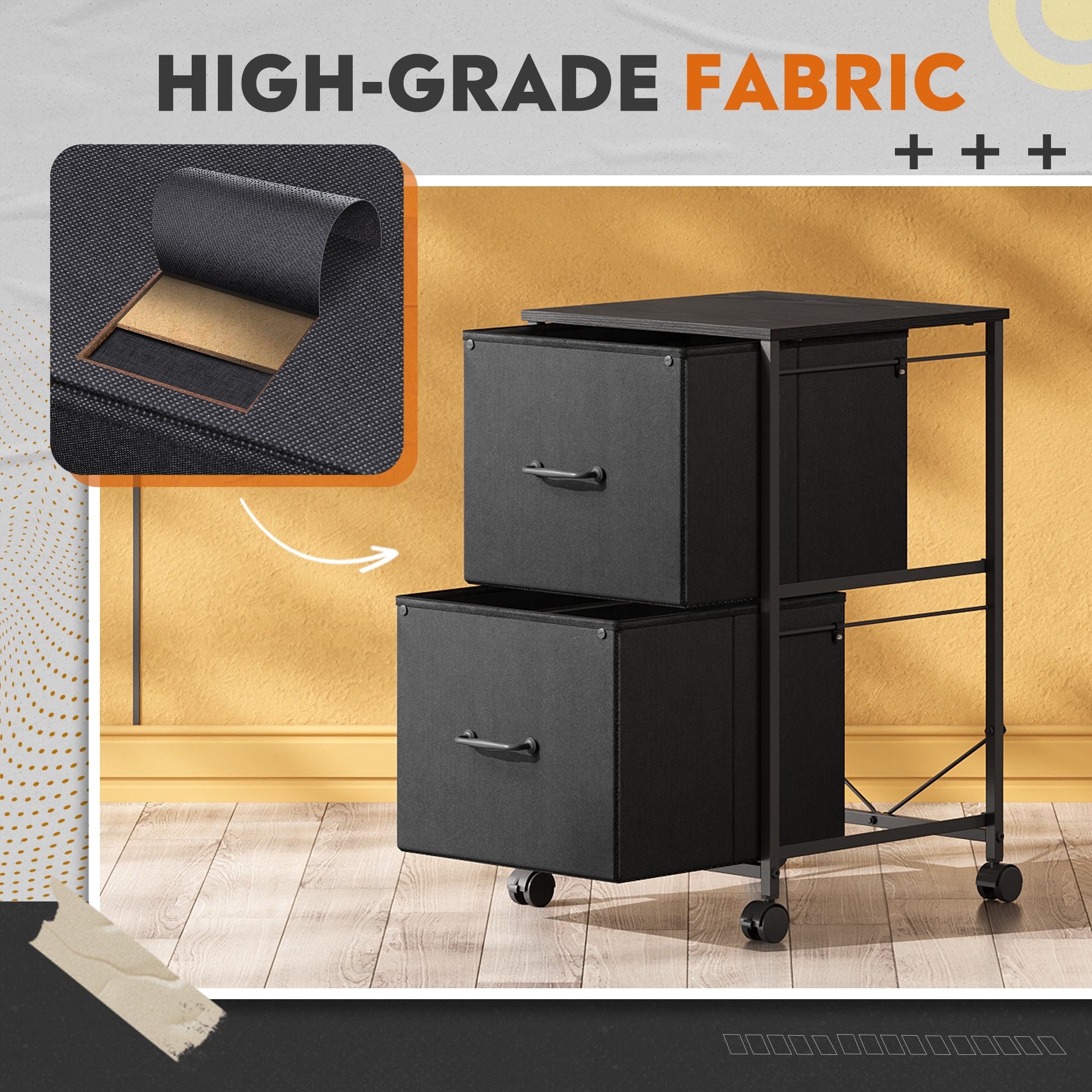 GALAXHERO Filing Cabinet 2 Drawer Mobile Printer Stand for Home Office, Rolling Fabric Vertical File Cabinet, Fits A4 or Letter Size, Black