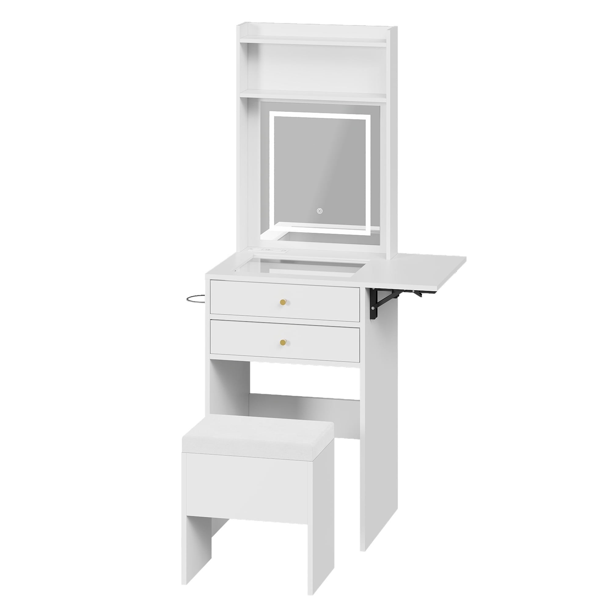 GALAXHERO Vanity Desk with Lighted Mirror and Glass Top, Makeup Vanity Chair with Storage, Fold-up Panel, 2 Drawers Dressing Table for Bedroom