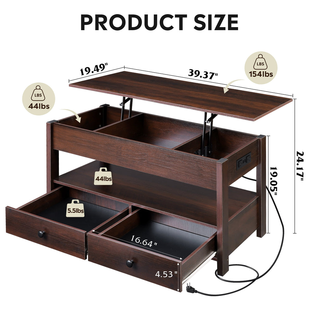 GALAXHERO Lift Top Coffee Table for Living Room Table with 2 Drawers & LED Light & Large Storage and Open Shelf