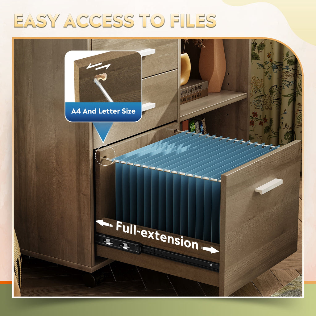 GALAXHERO 3-Drawer Wood File Cabinet, Mobile Lateral Filing Cabinet with Printer Stand and Open Shelves for Home Office
