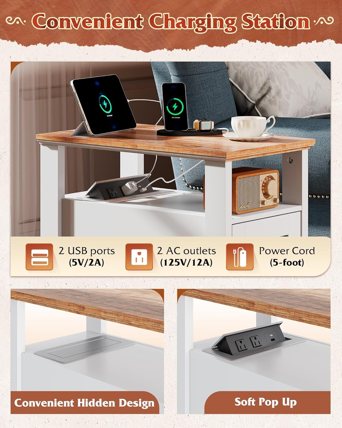 GALAXHERO Farmhouse End Table with Charging Station Narrow Side Table for Living Room Night Stand with Storage, Nightstand with USB Ports and Outlets for Bedroom Espresso