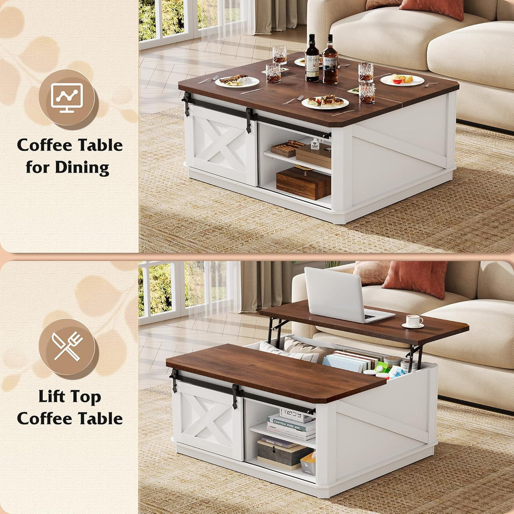 GALAXHERO Lift Top Coffee Table for Living Room 35.5" Framhouse Coffee Table with Storage, Square Center Table Rustic Cocktail Table with Sliding Barn Doors, Curevd Base