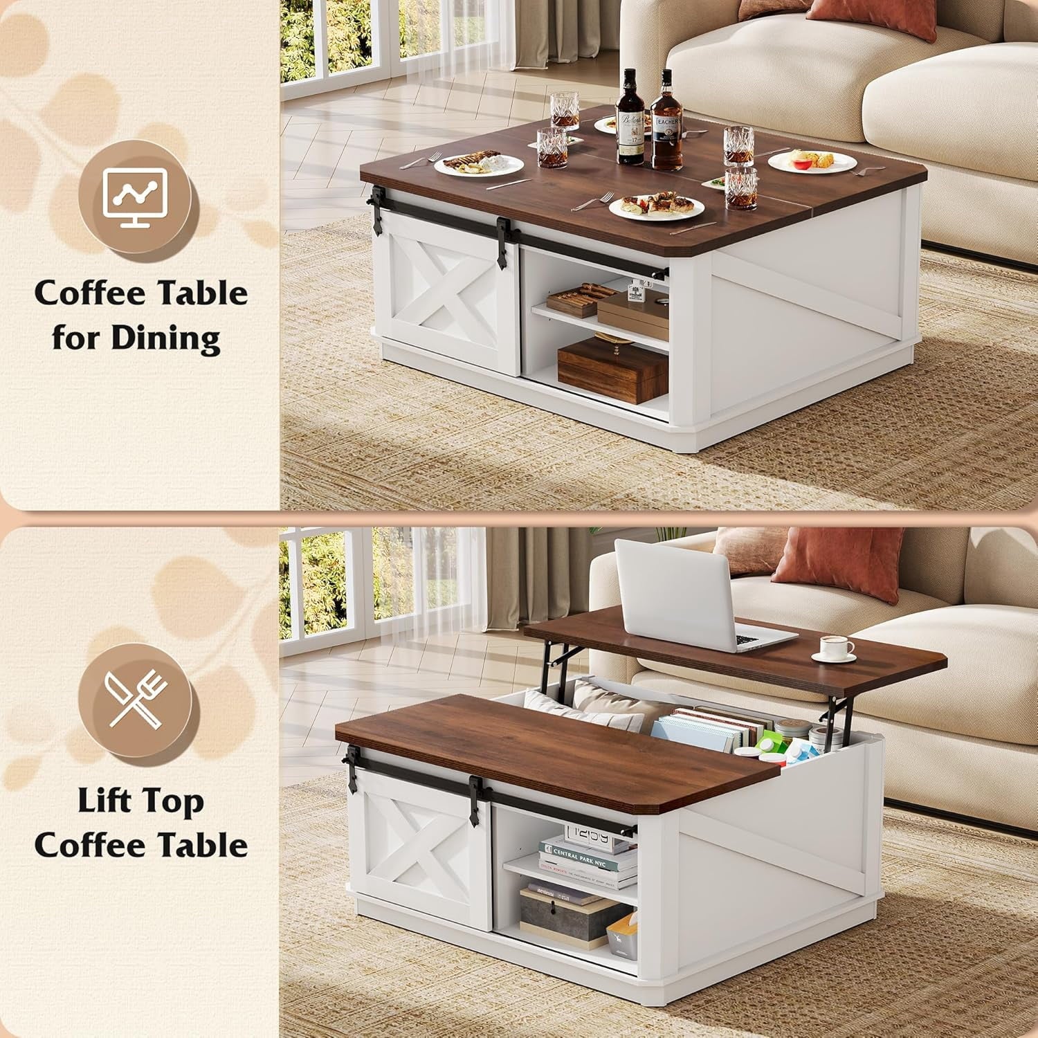 GALAXHERO Lift Top Coffee Table for Living Room 35.5" Framhouse Coffee Table with Storage, Square Center Table Rustic Cocktail Table with Sliding Barn Doors, Curevd Base