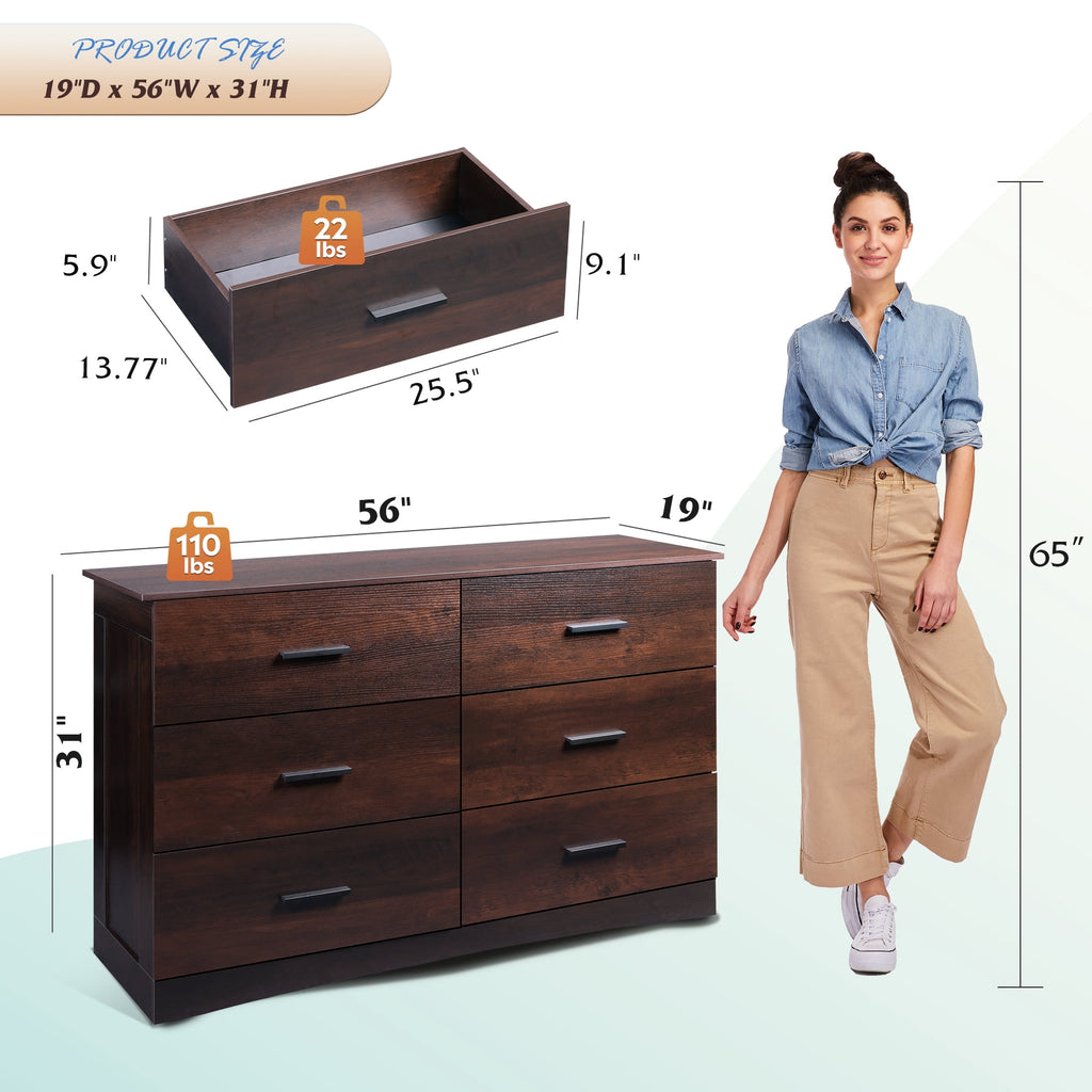 GALAXHERO Dresser with 6 Drawers, Wide Wooden Chest of Drawers for Bedroom, Large Storage Tower Unit, Modern Minimalist Closet Store Organizer for Living Room, Hallway