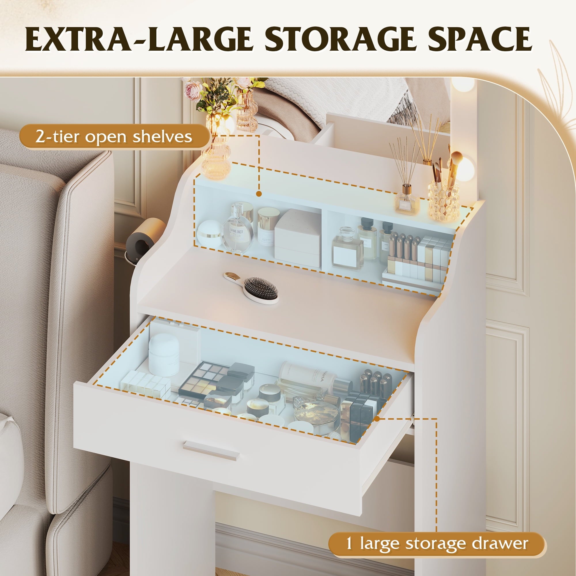 GALAXHERO Small Vanity Desk with Mirror, Makeup Tables with Drawer and Storage Shelves, Girls Dressing Table for Bedroom, White