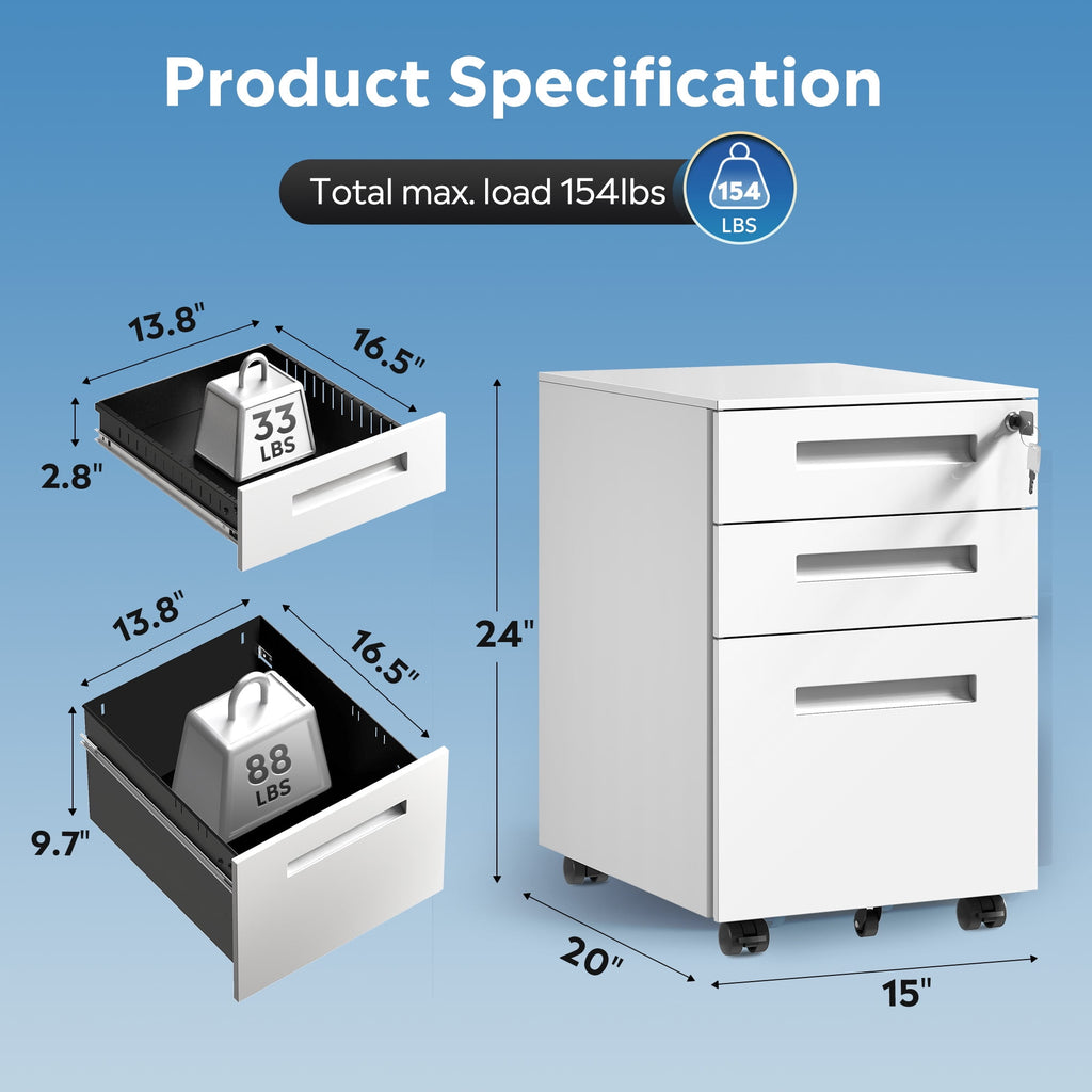GALAXHERO Small 3-Drawer Mobile Metal File Cabinet (Assembled Except Casters), Under Desk Storage Cabinet with Lock and Key, Fits Letter/Legal/A4 Sizes