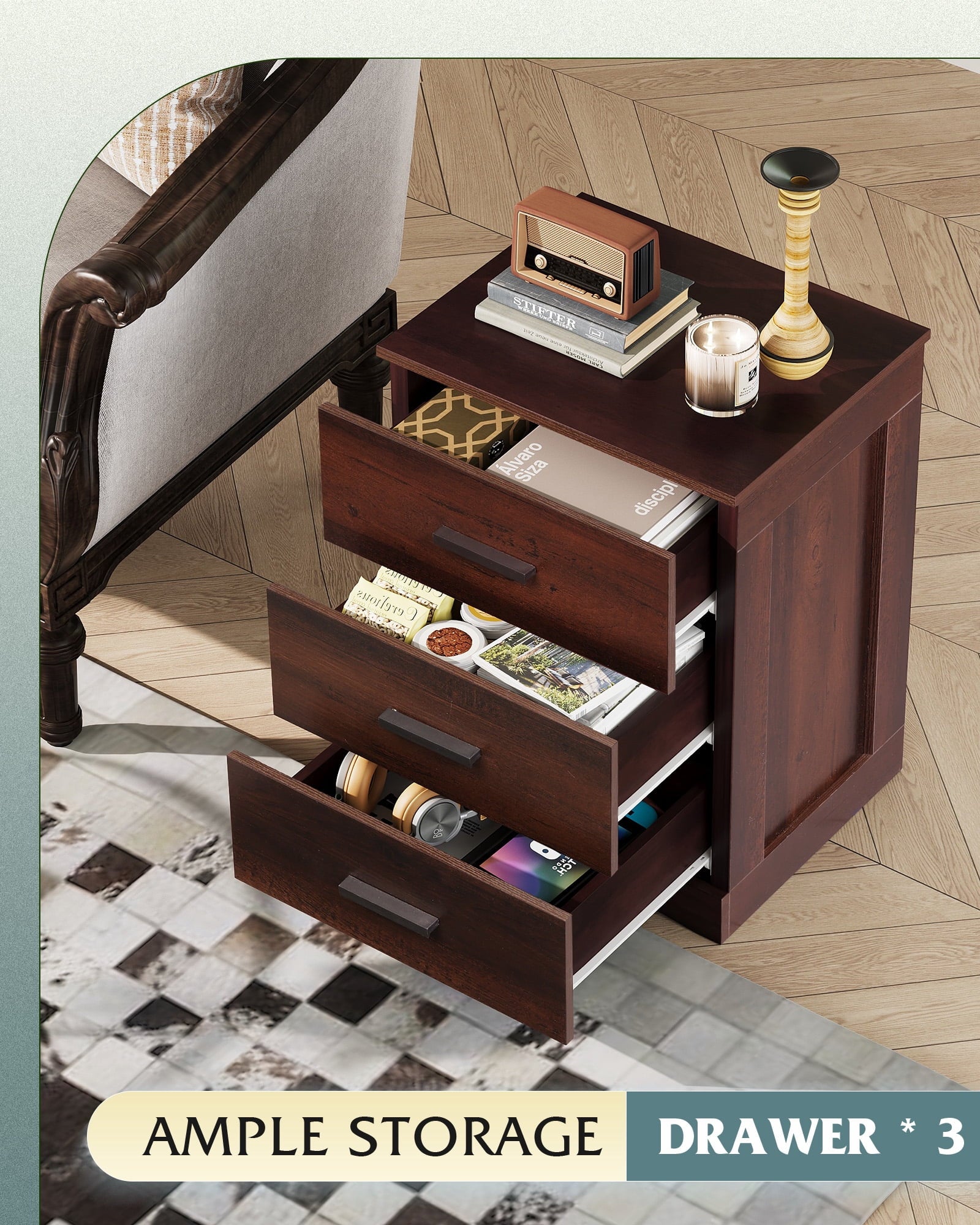 GALAXHERO 3 Drawer Night Stands for Bedroom, Tall Nightstand with Storage Cabinets, Wooden Bedside Table End Table for Living Room