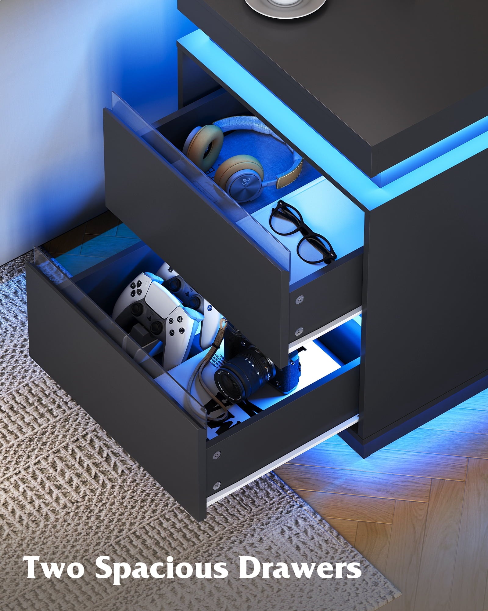 GALAXHERO  Nightstand with Charging Station and LED Lights, Modern 2 Drawers Bedside Table with Sliding Top, End Side Table for Bedroom, Living Room