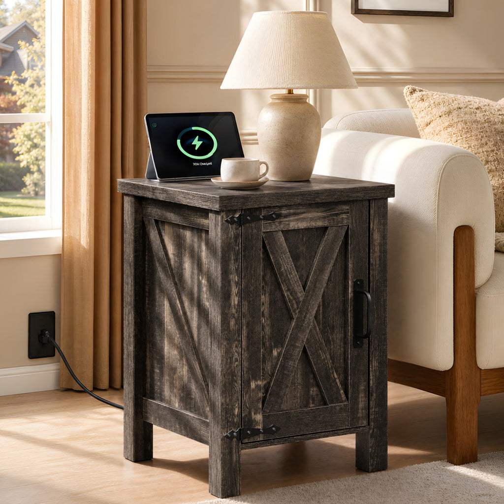 GALAXHERO Narrow Nightstand with Charging Station, Farmhouse Barn Door Wood Bedside Table & End Table with Storage for Bedroom, Living Room,Dorm