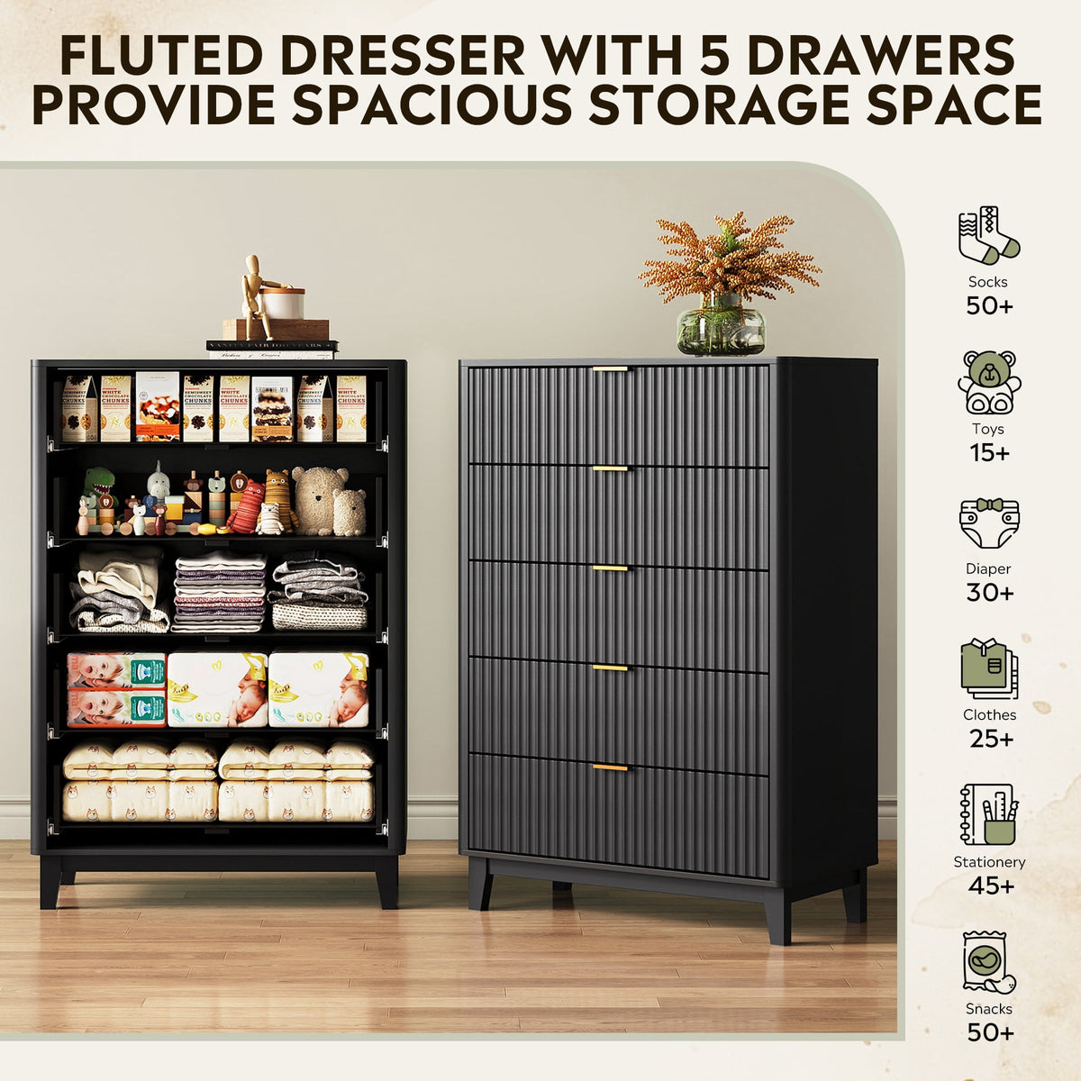 GALAXHERO 5 Drawers Dresser, Fluted Tall Dresser with Golden Metal Handles, Modern Chest of Drawers for Bedroom, Living Room, Hallway, Closet
