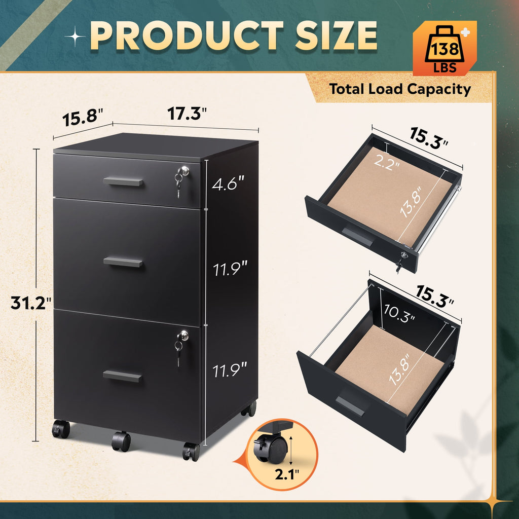 GALAXHERO Filing Cabinet with Lock and Key, 3 Drawer Rolling File Cabinet,  Wood Storage Locker, Fits Letter/A4 Size