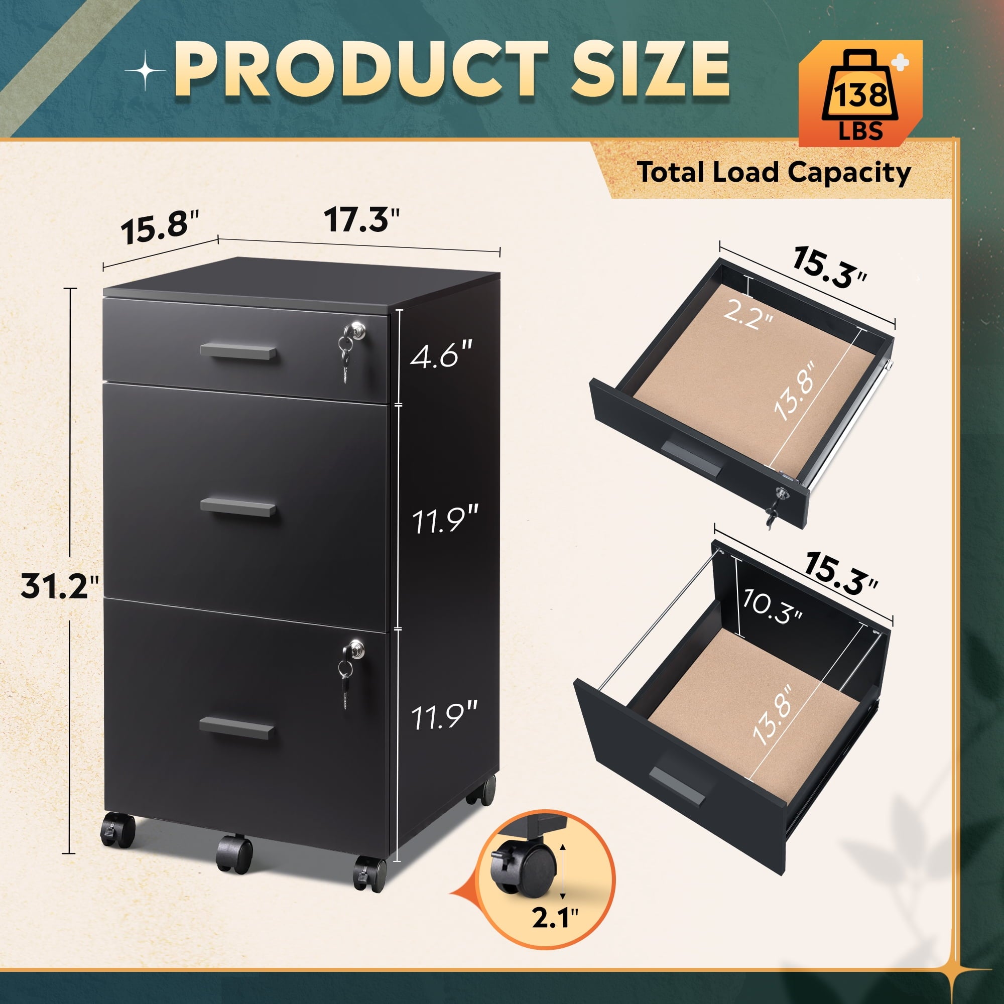 GALAXHERO Filing Cabinet with Lock and Key, 3 Drawer Rolling File Cabinet,  Wood Storage Locker, Fits Letter/A4 Size