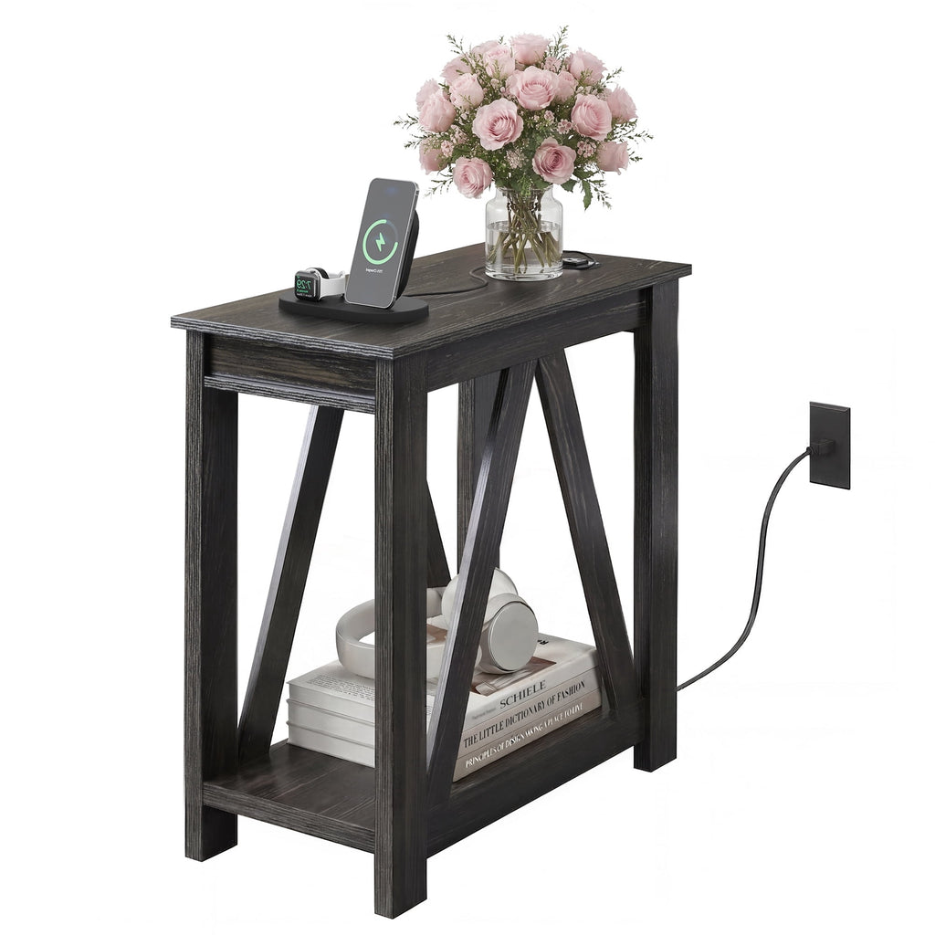GALAXHERO Narrow End Table with Charging Station and Open Storage Shelf Sofa Side Table with 2 USB Ports and 2 Power Outlets, Slim Farmhouse End Table for Small Spaces, Bedroom, Living Room