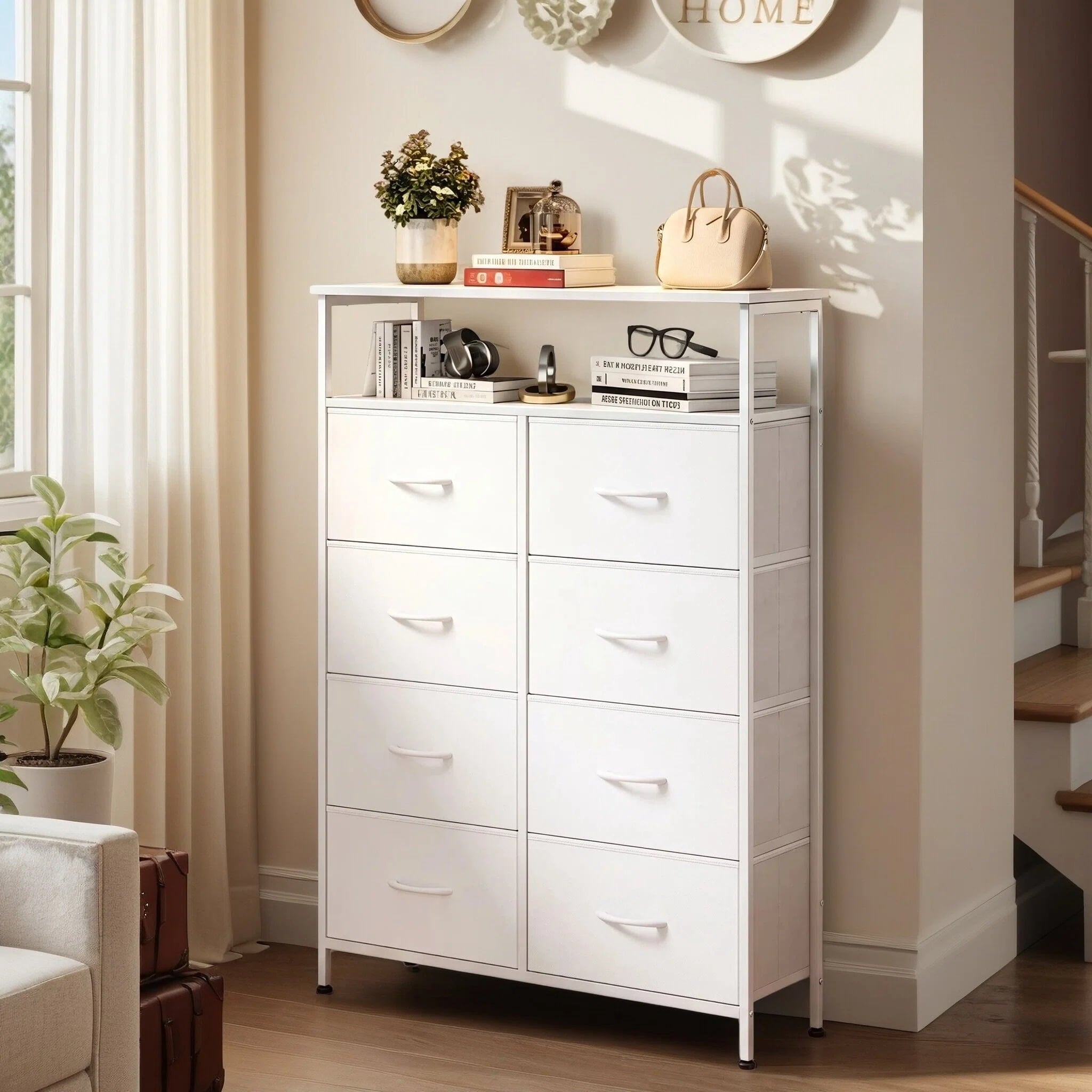 GALAXHERO 8-Drawer Fabric Dresser with Open Shelves, Tall Chest of Drawers with Wooden Top, Storage Tower for Entryway, Bedroom & Closet