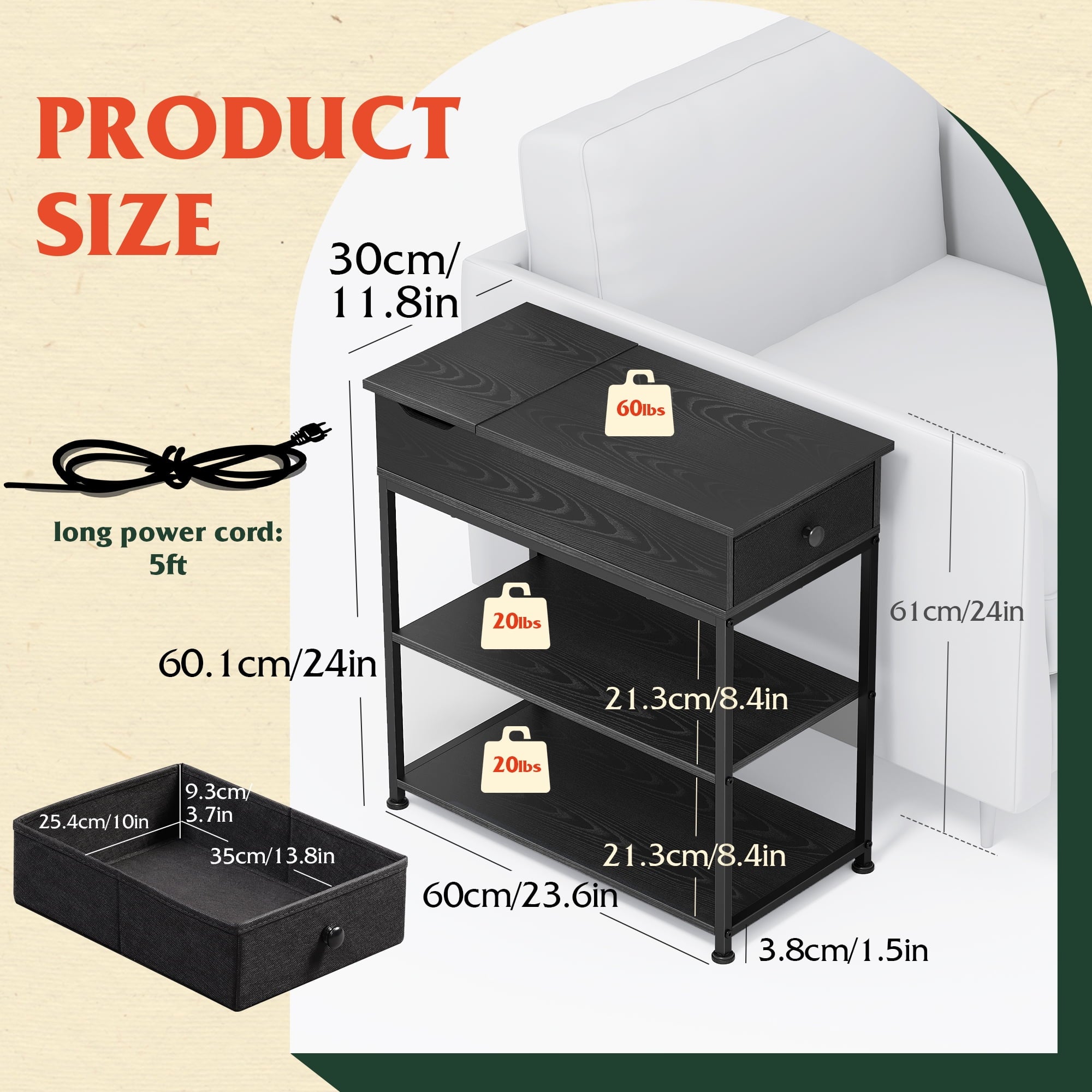 GALAXHERO Narrow Side Table with 2 USB Ports and 2 Outlets, Flip Top End Table with Drawer and Storage Shelves, End Stand with Charging Station for Living Room, Bedroom, Small Spaces,Black