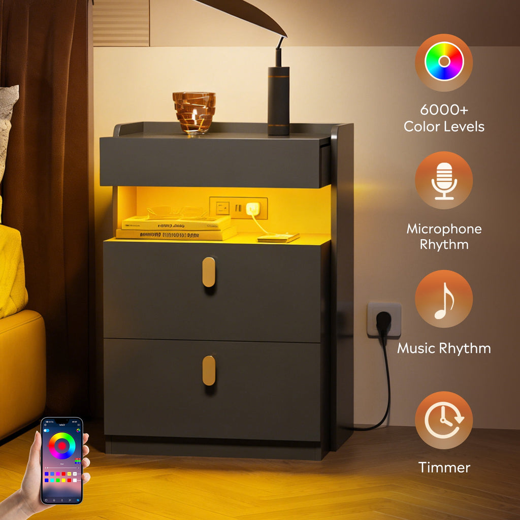 GALAXHERO 2 Drawer Nightstand with Charging Station and LED Lights, Modern Bedside Tables with Sliding Top for Bedroom, Wood End Table for Living Room, Black