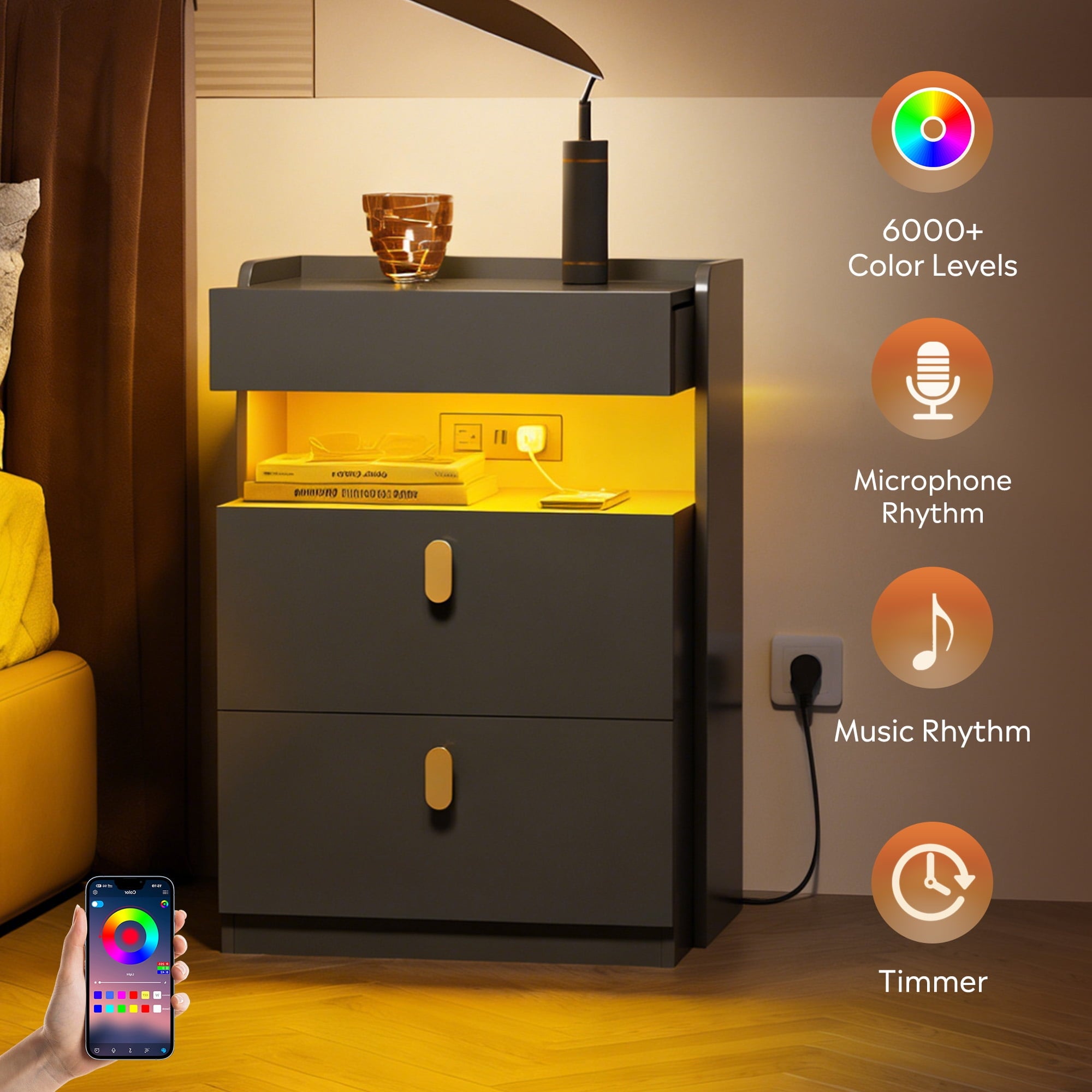 GALAXHERO 2 Drawer Nightstand with Charging Station and LED Lights, Modern Bedside Tables with Sliding Top for Bedroom, Wood End Table for Living Room, Black