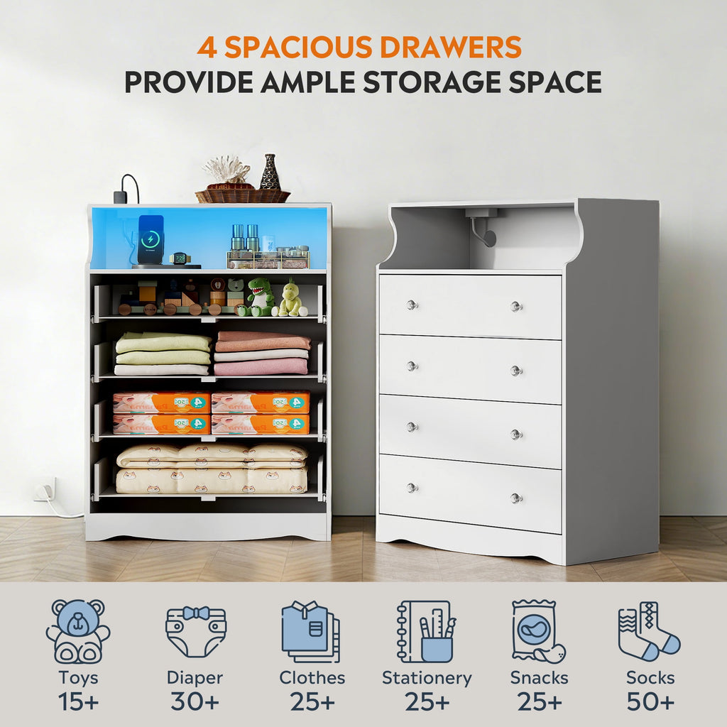 GALAXHERO 4 Drawers Dresser for Bedroom, Tall  Dressers with LED Open Shelf, Modern Chest of Drawers with Charging Station, Wood Closet Clothes Organizer Storage Cabinet