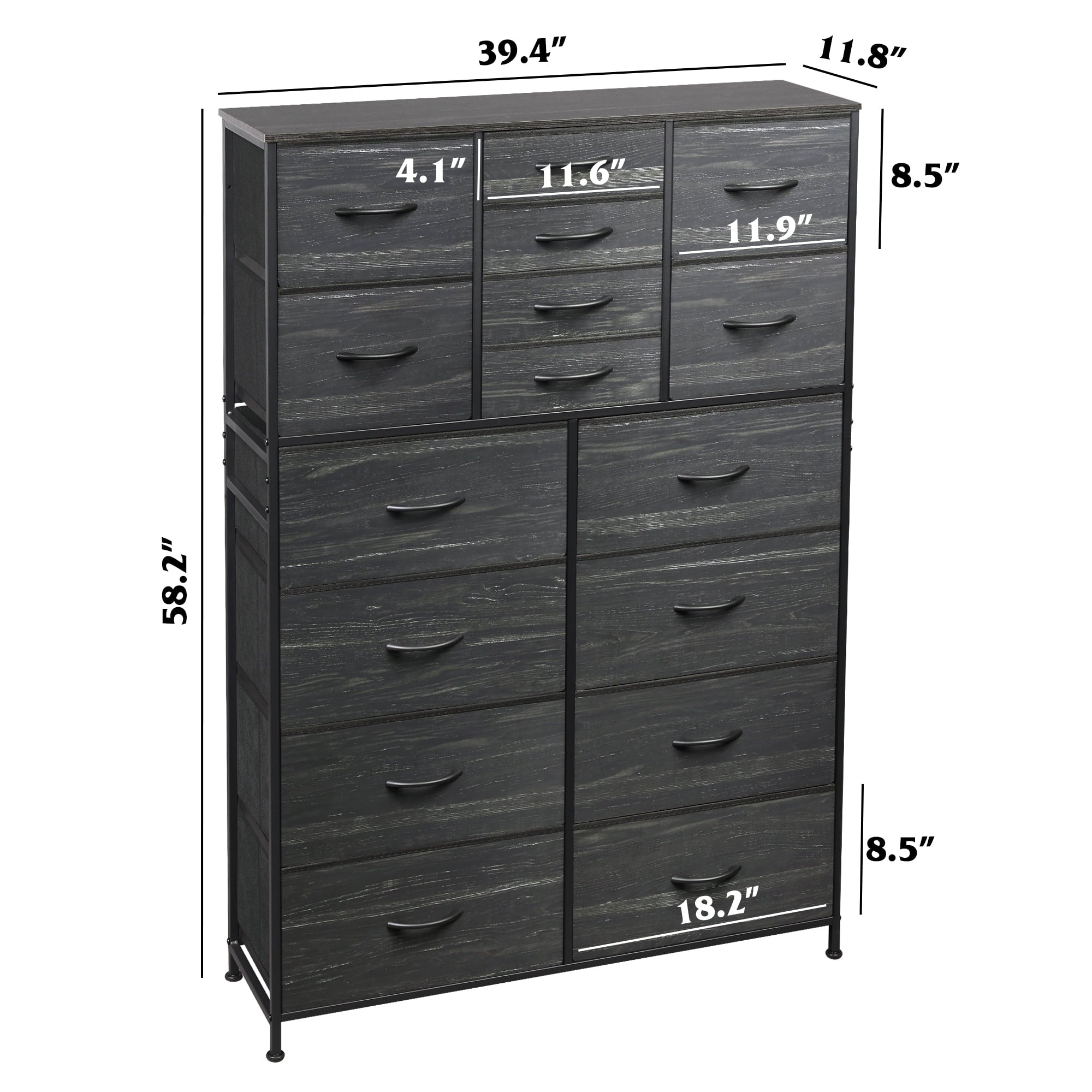 GALAXHERO 16-Drawer Tall Fabric Dresser Organizer Unit, Large Storage Chest of Drawers with Fabric Bins for Bedroom, Closet, Hallway, Charcoal Black Wood Grain Print