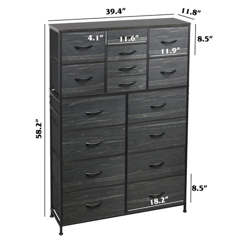GALAXHERO 16-Drawer Tall Fabric Dresser Organizer Unit, Large Storage Chest of Drawers with Fabric Bins for Bedroom, Closet, Hallway, Charcoal Black Wood Grain Print