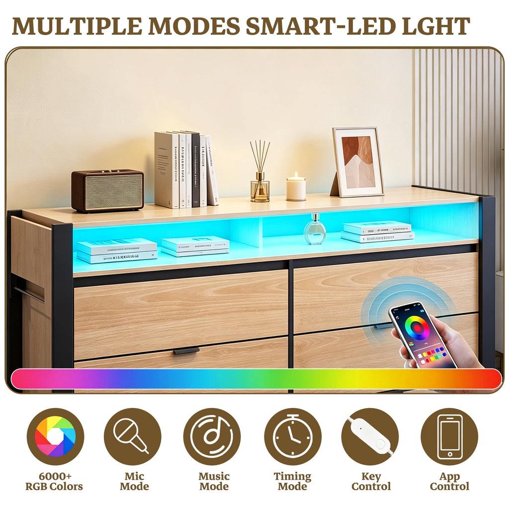 GALAXHERO 6 Drawer Dresser with LED Lights, Modern Dresser with Charging Station, Large Wood Chest of Drawers with Flexible Shelves and Hanging Rack for Bedroom, Closet, Living Room