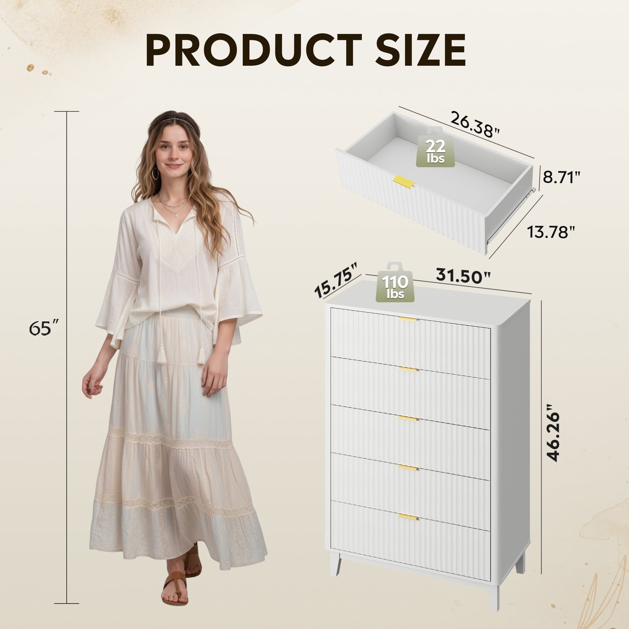 GALAXHERO 5 Drawers Dresser, Fluted Tall Dresser with Golden Metal Handles, Modern Chest of Drawers for Bedroom, Living Room, Hallway, Closet
