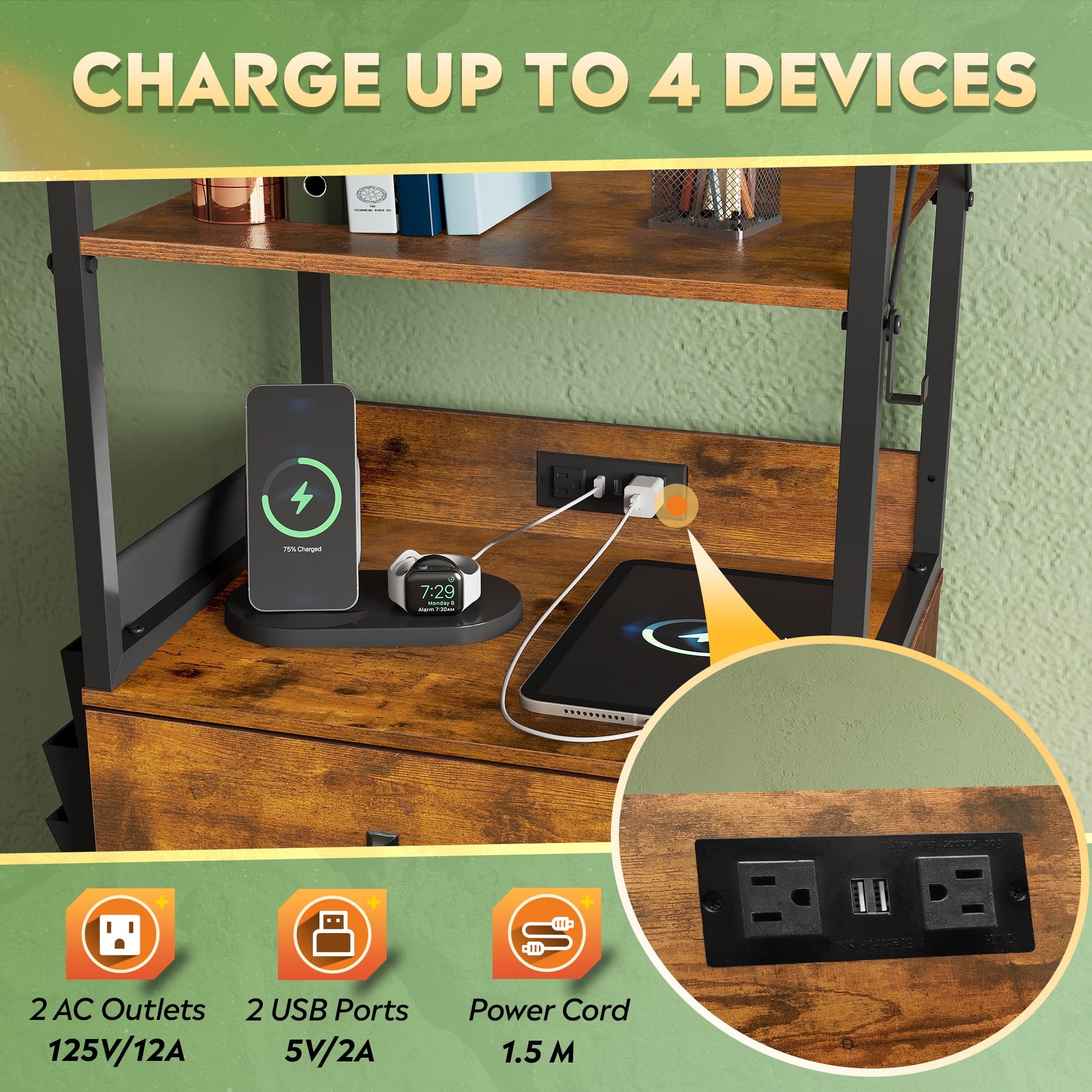 GALAXHERO 2 Drawer File Cabinet with Charging Station, Tall Vertical Filling Cabinet with Lock, Fits Letter/A4/Legal Size, Printer Stand & Adjustable Shelves for Home Office, Rustic Brown