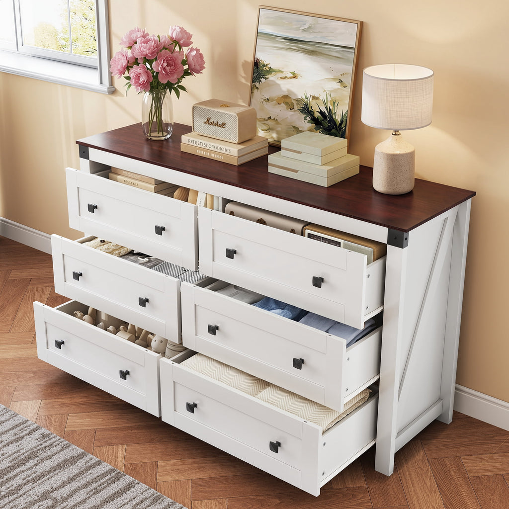 GALAXHERO Farmhouse 6 Drawer Dresser, Wood Dresser with Double Rustic Handles, TV Stand for 60" TV for Living Room, 53.07'' Wide Chest of Drawers for Bedroom, Hallway