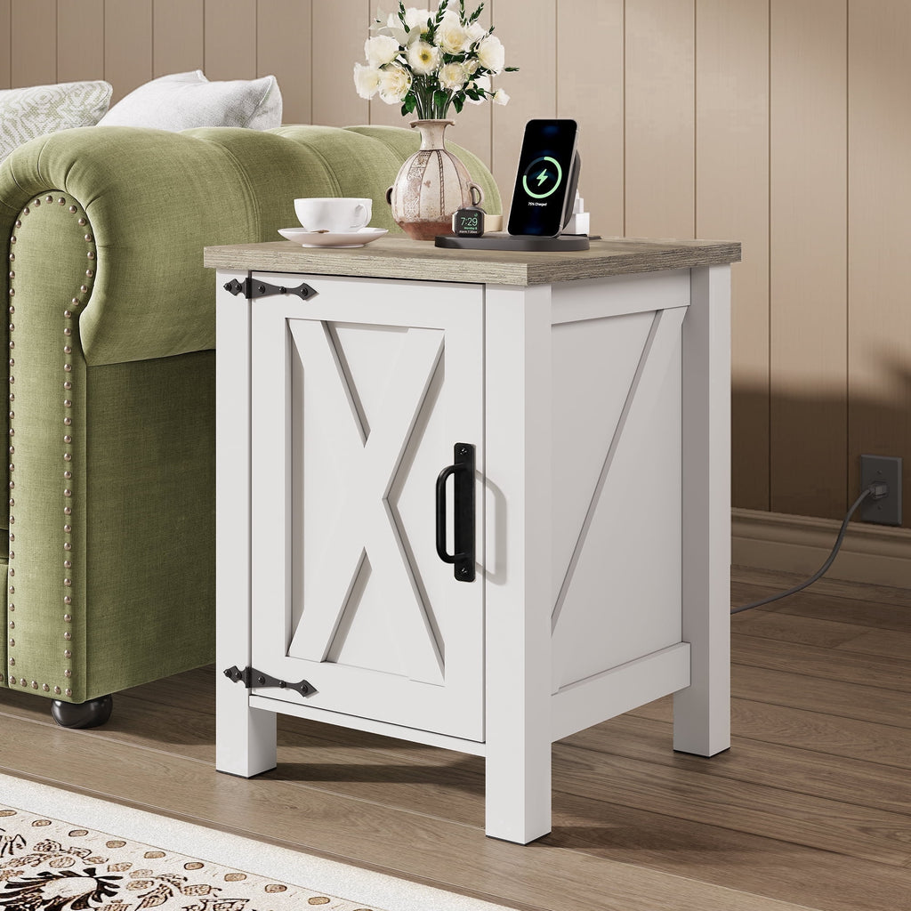 GALAXHERO Nightstand with Charging Station, Farmhouse Narrow Side Table with Barn Door, Wooden Bedside Table for Bedroom, End Tables for Living Room