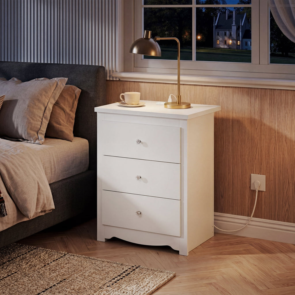 GALAXHERO Tall Nightstand with Charging Station, Nightstand with 3 Drawers, Wood Bedside Table for Bedroom, End Side Table for Living room and Dorm