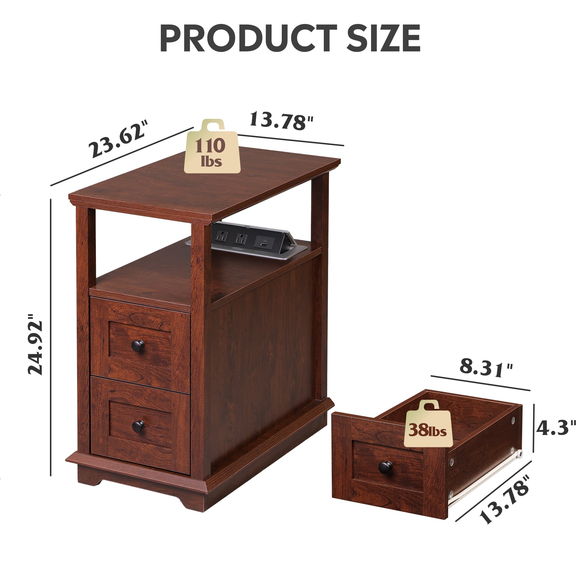 GALAXHERO Narrow End Table with Charging Station Wooden Side Table with 2 Drawers for Living Room, Bedroom, Small Space