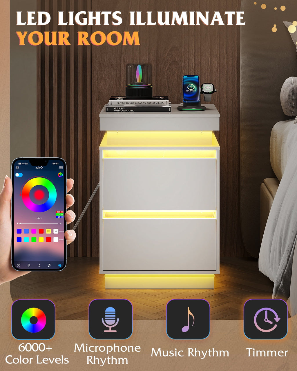 GALAXHERO Nightstand with Charging Station and LED Lights, Modern 2 Drawers Bedside Table with Sliding Top, End Side Table for Bedroom, Living Room
