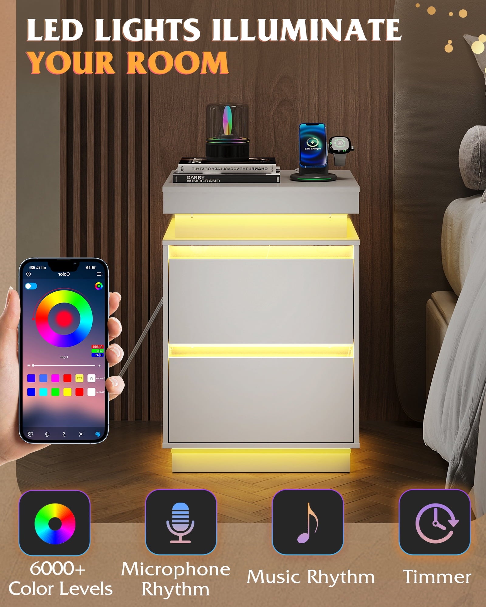 GALAXHERO Nightstand with Charging Station and LED Lights, Modern 2 Drawers Bedside Table with Sliding Top, End Side Table for Bedroom, Living Room