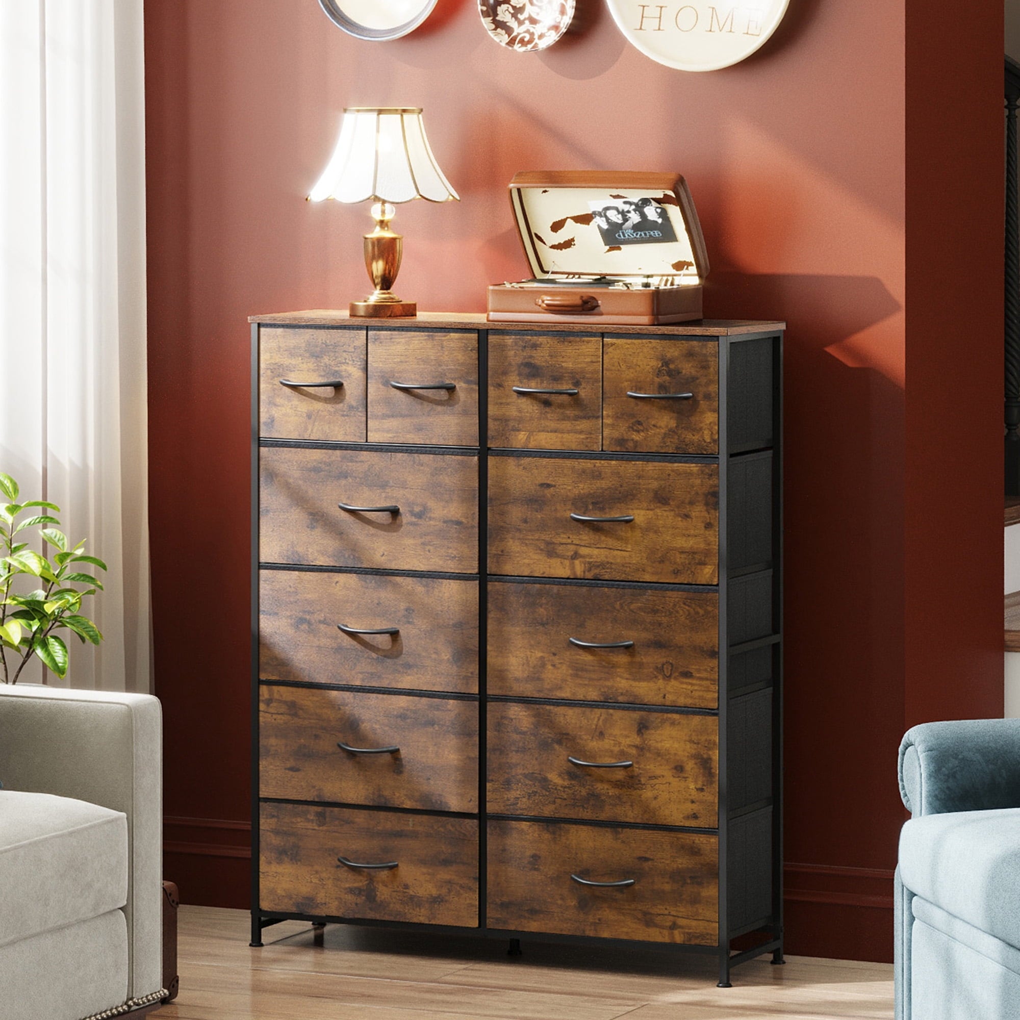 GALAXHERO 12-Drawer Tall Fabric Dresser with Wood Top and Steel Frame, Storage Chest of Drawers for Bedroom, Closet