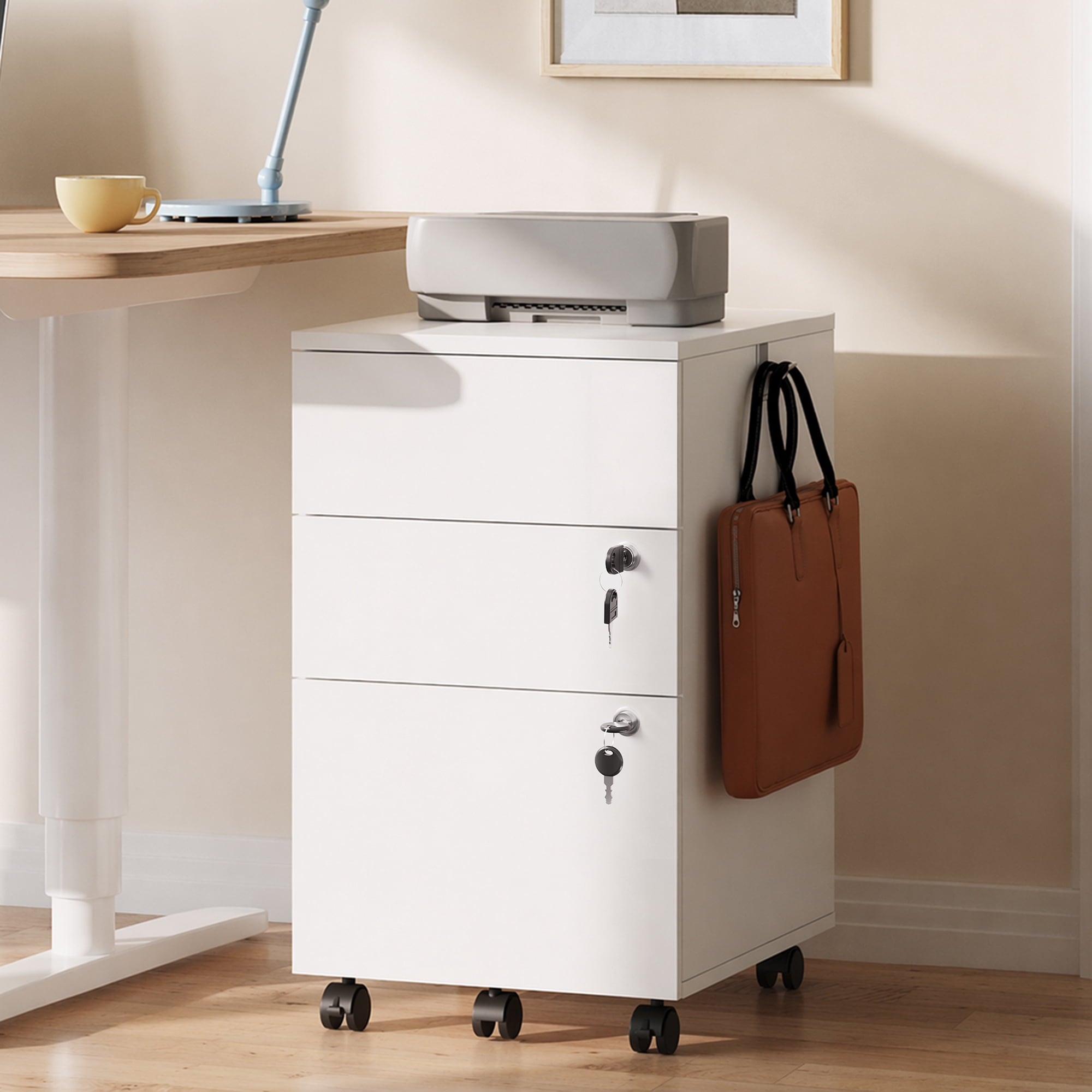 GALAXHERO 3 Drawers Storage Cabinet with Lock, Rolling Wood File Cabinet, Vertical Filing Cabinet for Home Office, Fits Letter/A4
