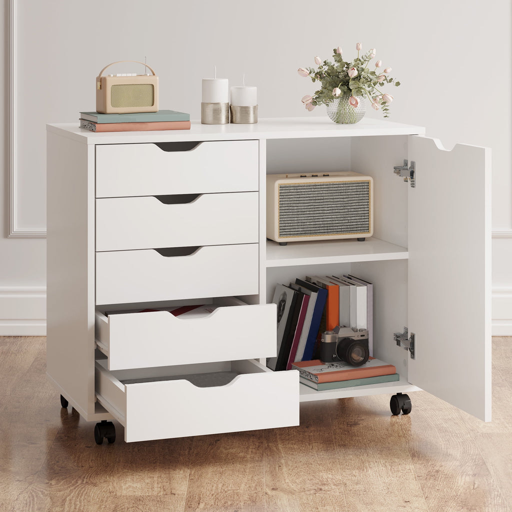 GALAXHERO 5 Drawer Wood File Cabinet, Mobile Printer Stand with Storage and Door for Home Office, White