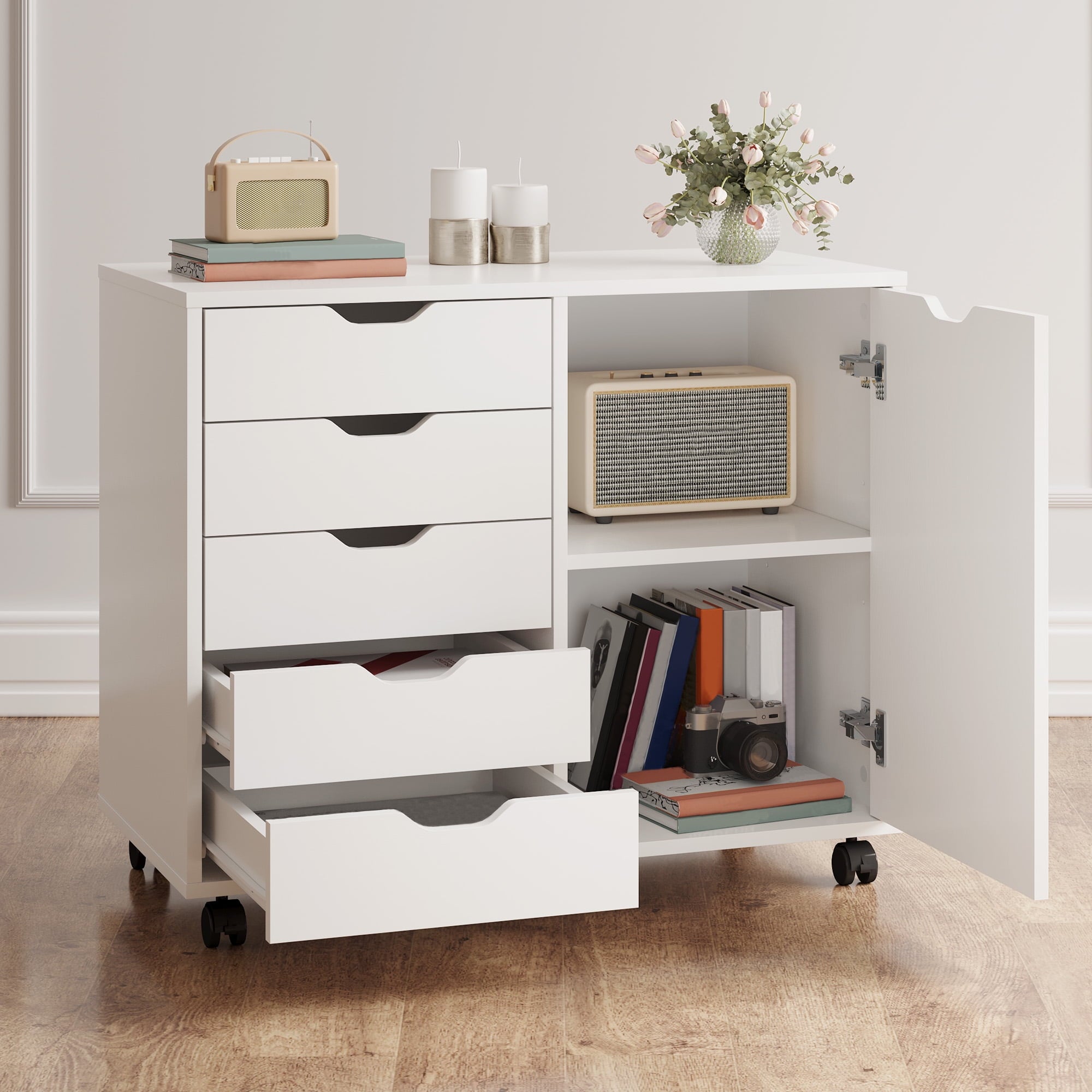 GALAXHERO 5 Drawer Wood File Cabinet, Mobile Printer Stand with Storage and Door for Home Office, White