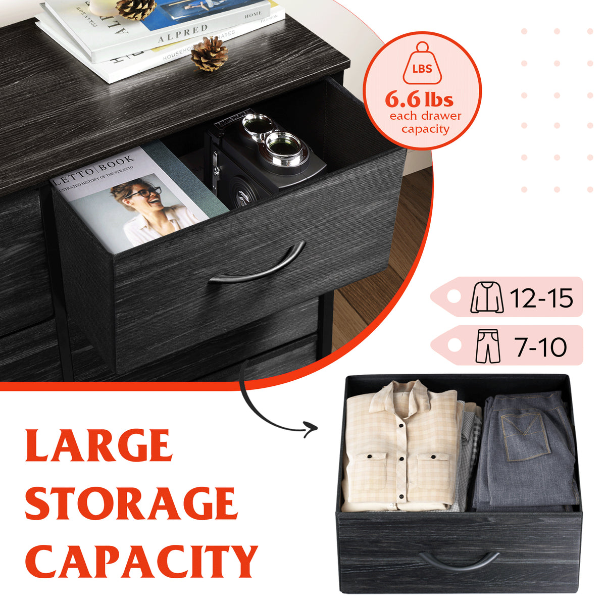 GALAXHERO Tall Dresser 10 Fabric Drawers, Storage Tower with Cabinet, Metal Frame, Wooden Top, Organizer Units for Bedroom, Living Room, Closet, Clothing