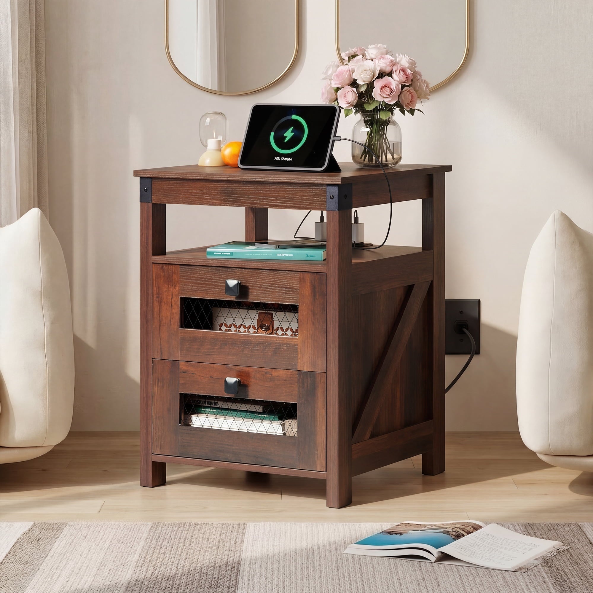 GALAXHERO Nightstand with Charging Station, Farmhouse End Table, Bed Side Table with 2 Storage Drawers and Open Shelf, Wood Rustic Nightstands for Bedroom