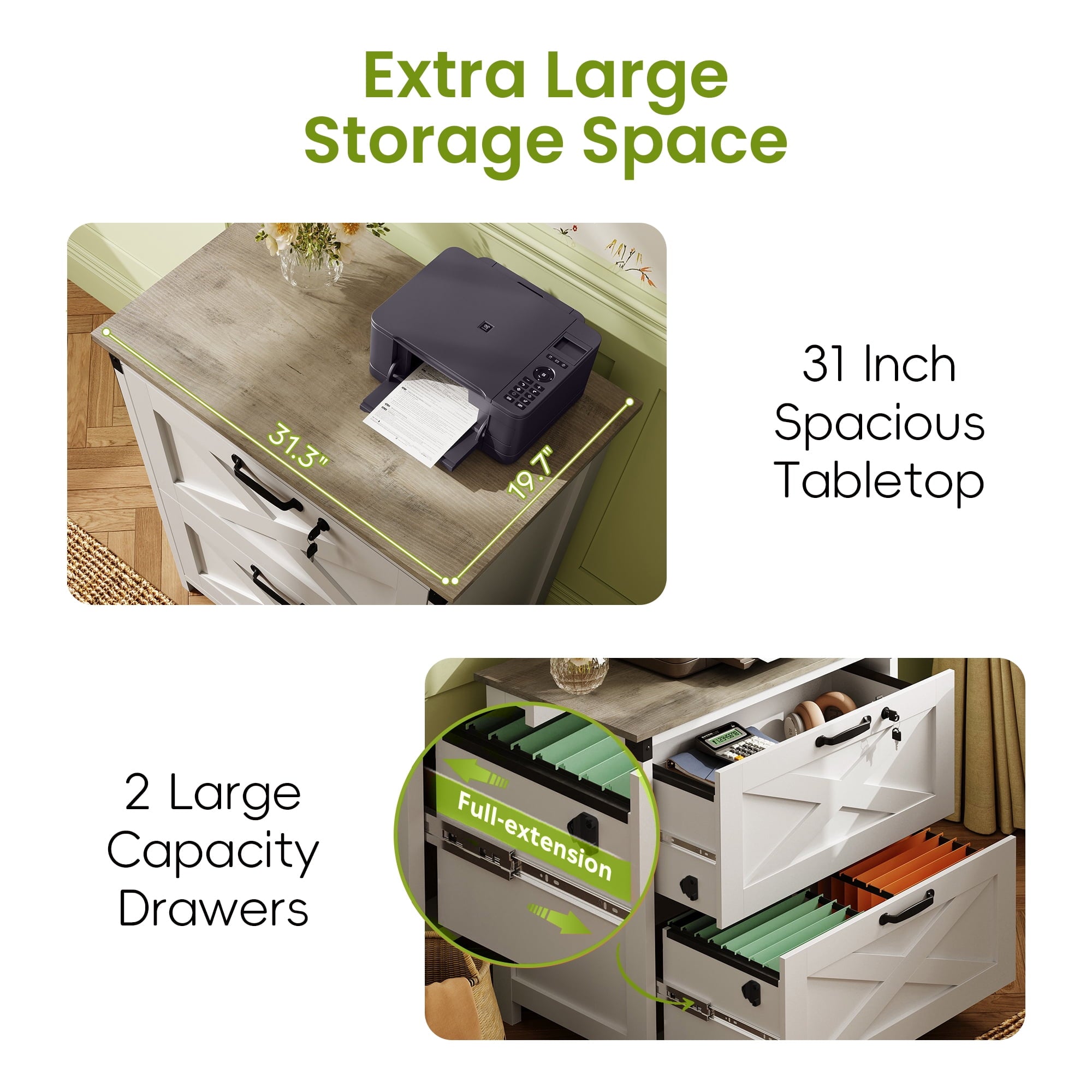 GALAXHERO 2 Drawer Lateral File Cabinet with Lock, Farmhouse Wood Filing Cabinet for Home Office, Fits Letter/Legal/A4, Printer Stand
