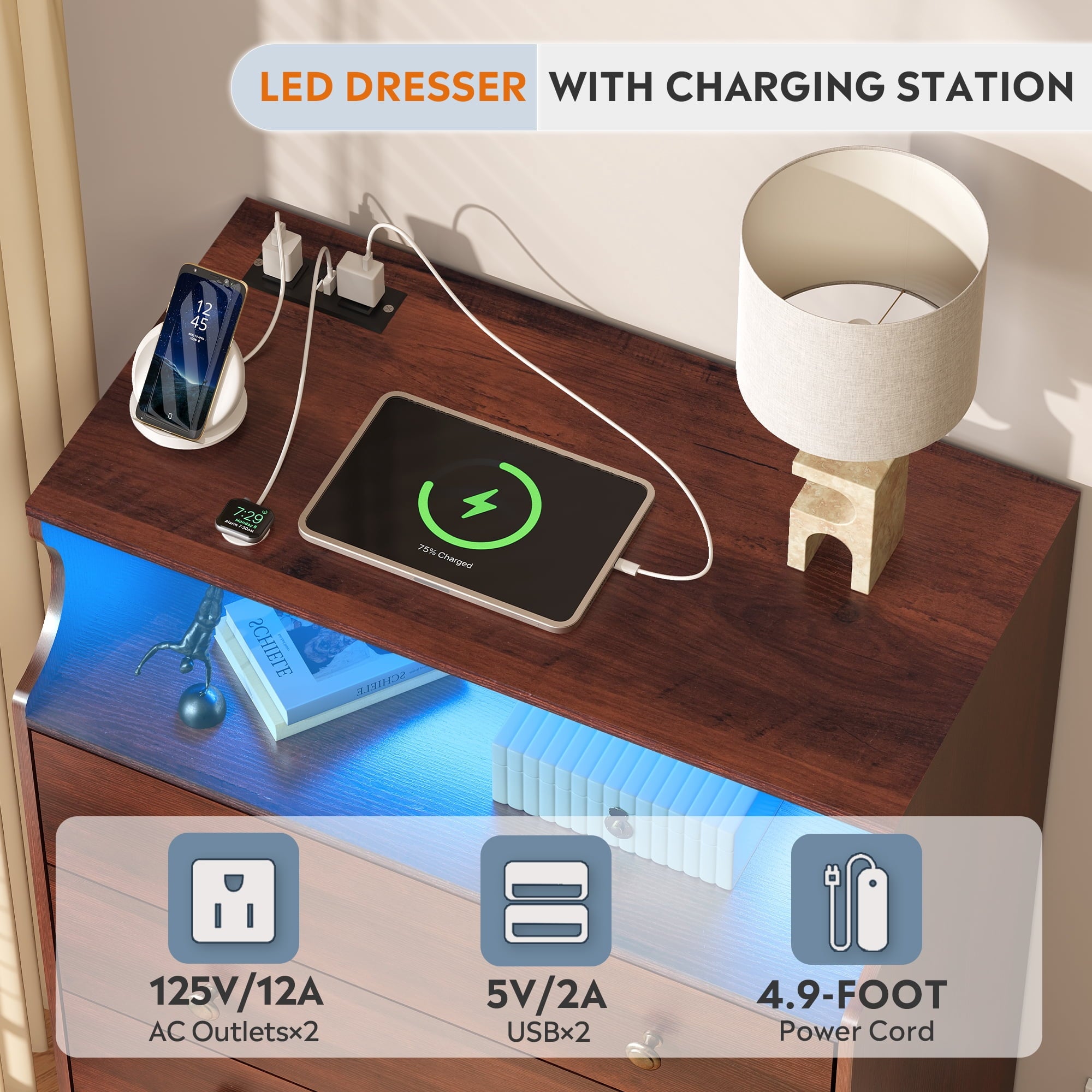 GALAXHERO 4 Drawers Dresser for Bedroom, Tall  Dressers with LED Open Shelf, Modern Chest of Drawers with Charging Station, Wood Closet Clothes Organizer Storage Cabinet