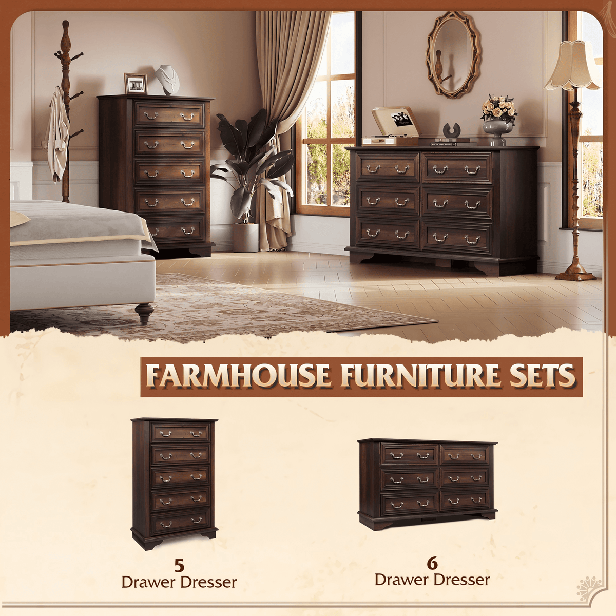 GALAXHERO Farmhouse 5 Drawers Dresser for Bedroom, Tall Wood Dresser with Roman Metal Handle, Chest of Drawers for Living Room, Hallway, Closet