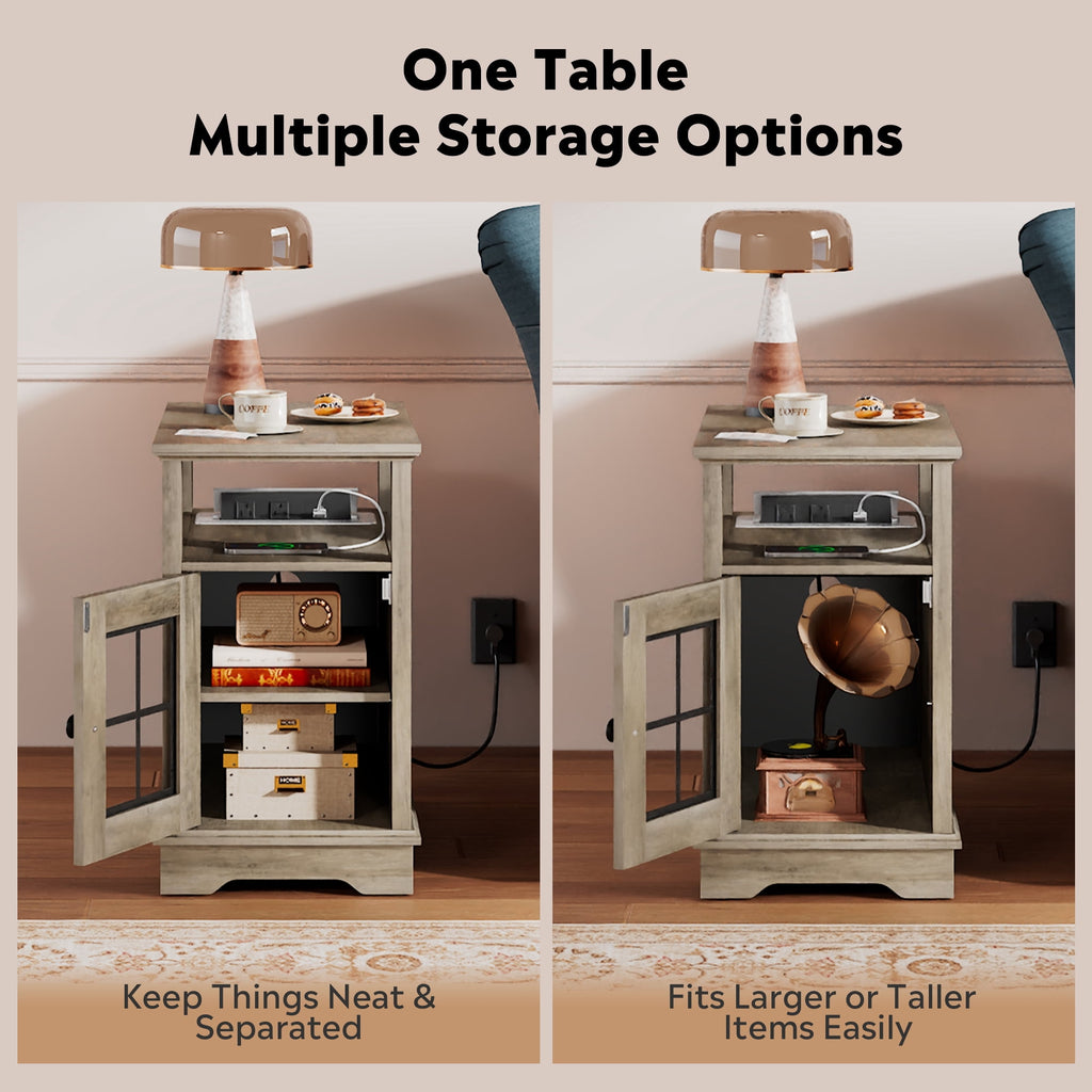 GALAXHERO Farmhouse End Table with Storage Narrow Side Table for Living Room  Small Table with USB Ports and Outlets for Bedroom