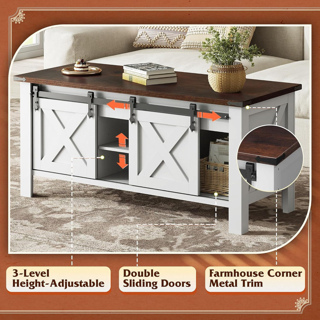 GALAXHERO 47.3" Farmhouse Lift Top Coffee Table with Sliding Barn Doors, Large Hidden Storage Compartment and Adjustable Shelf for Living Room, Office