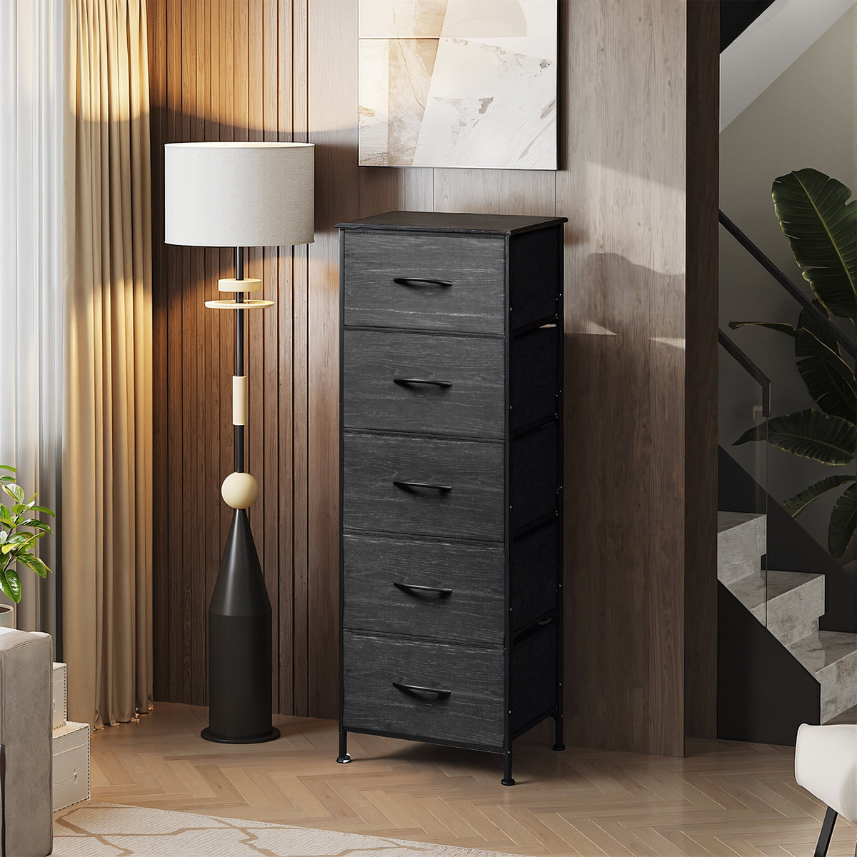 GALAXHERO 5-Drawer Tall Fabric Dresser with Wood Top, Storage Organizer Chest for Bedroom, Closet, Hallway, Sturdy Steel Frame