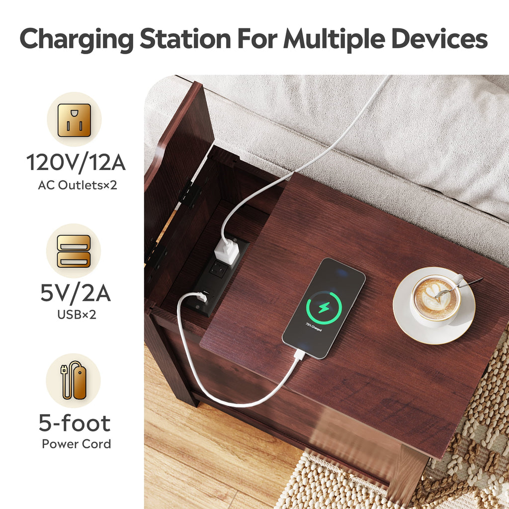 GALAXHERO Set of 2 Narrow End Tables with Charging Station, Side Tables for Small Spaces, USB Ports & Outlets, Nightstands with Storage for Living Room & Couch, Espresso Finish