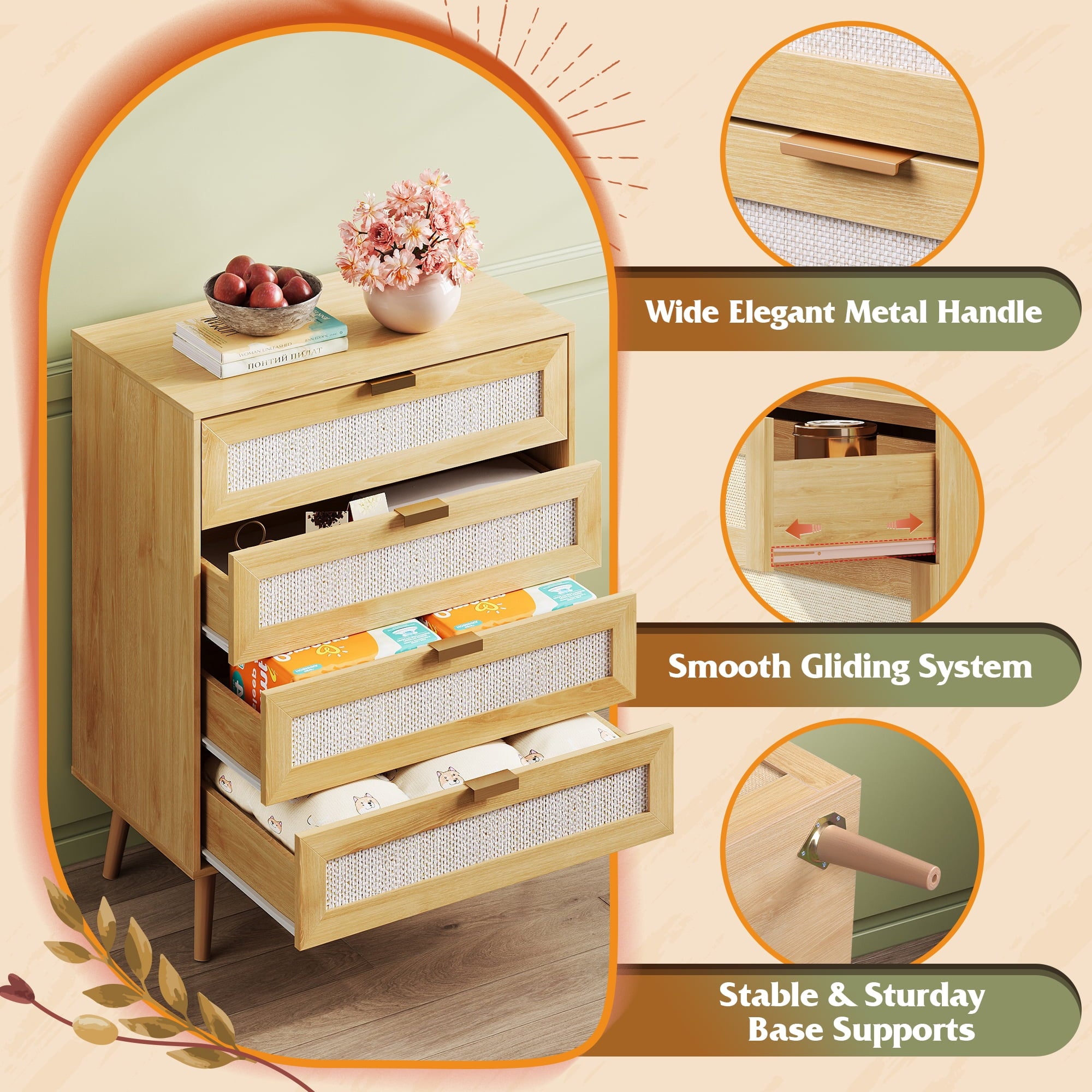 GALAXHERO 4 Drawers Dresser, Rattan Boho Chest of Drawers for Bedroom, Wood Storage Cabinet with Metal Handle for Living Room, Closet, Hallway