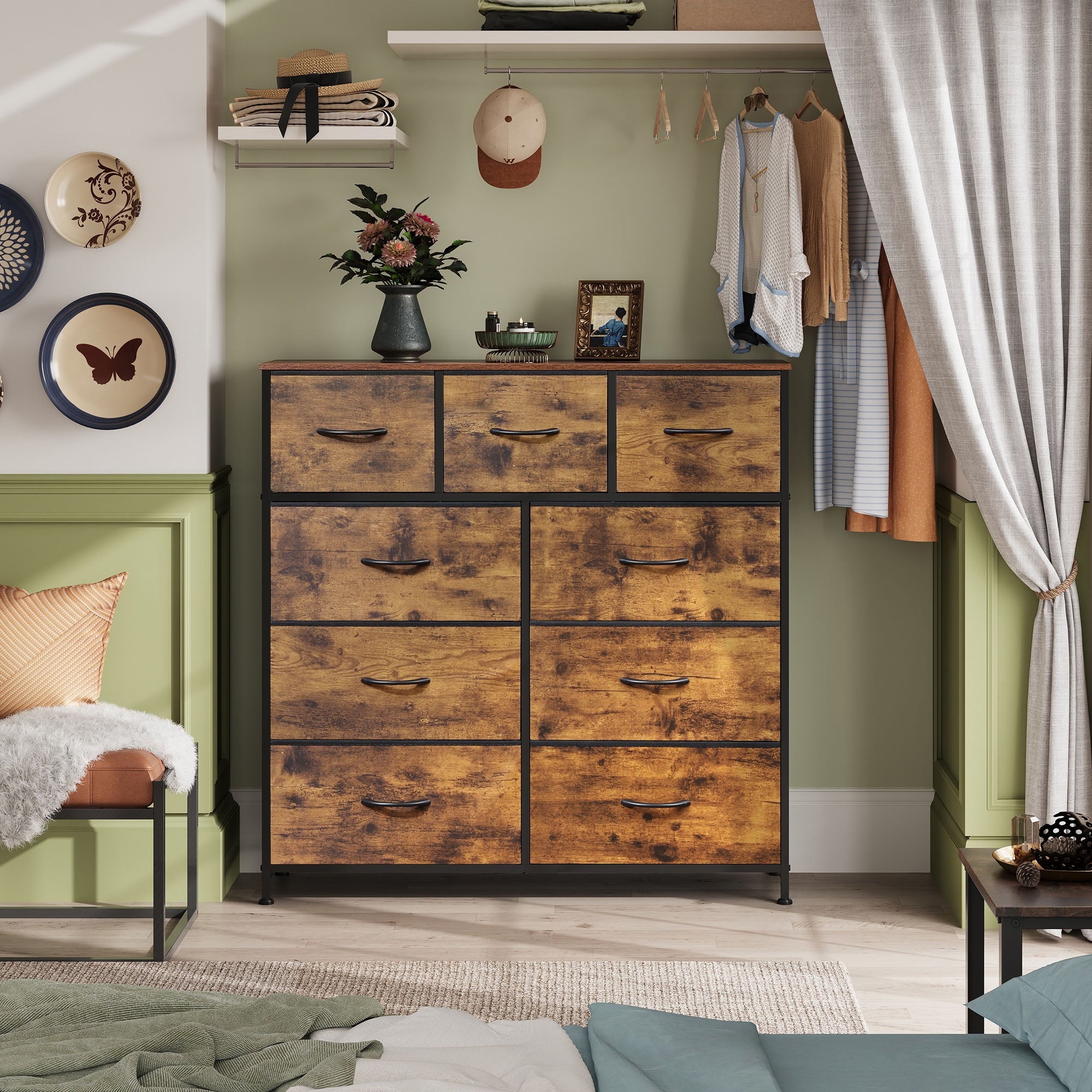 GALAXHERO Dresser 9-Drawer Fabric Storage Tower Chest for Bedroom, Hallway, Entryway, Closet with Fabric Bins, Steel Frame, Wood Top, Easy Pull Handle